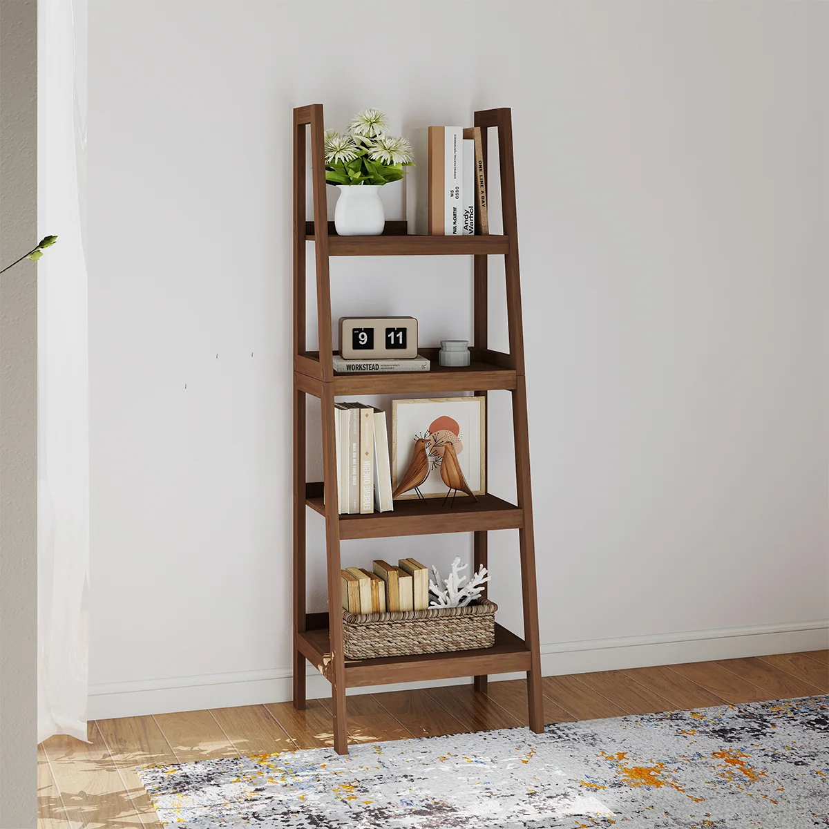 Enhanced Mid-Century Style 4 Tier Dark Wood Ladder Shelf – 178cm Genuine