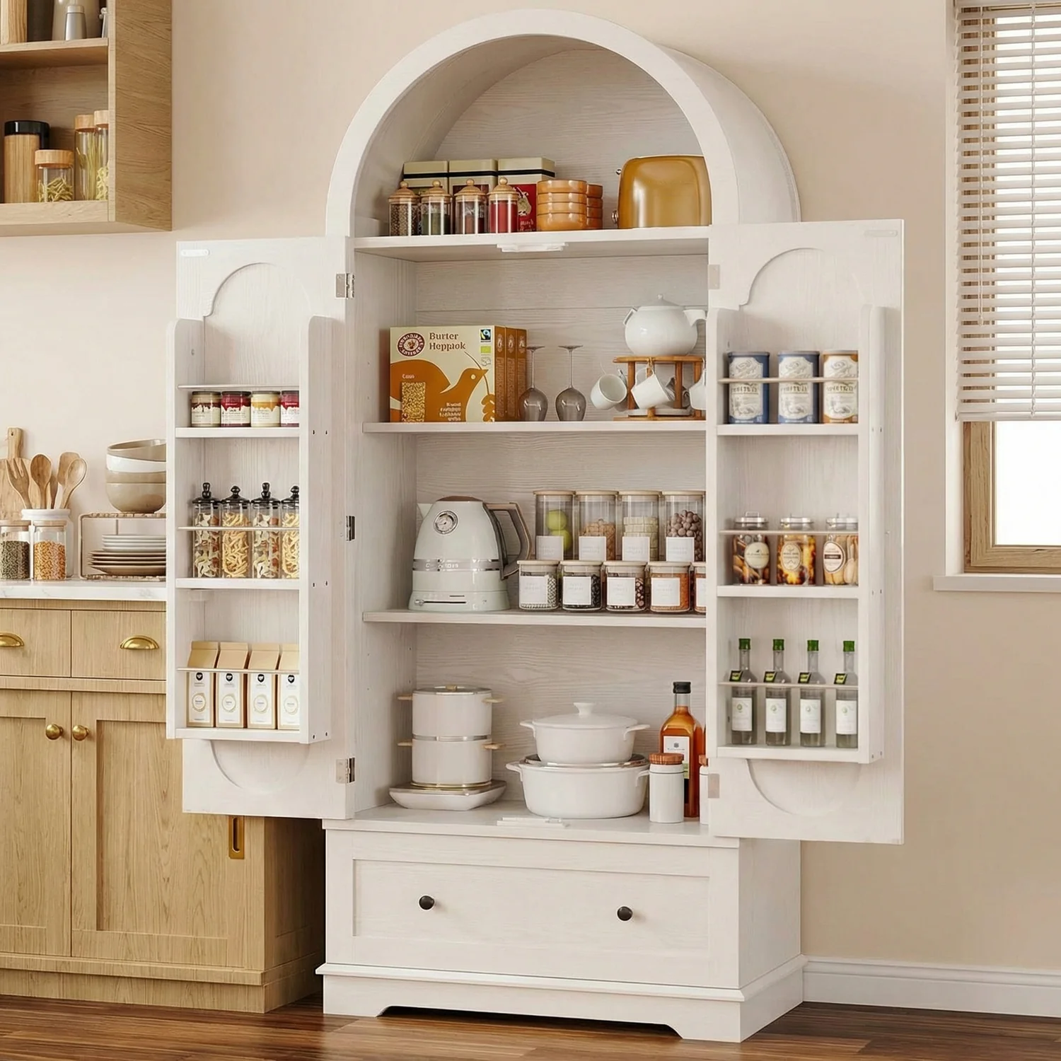 Contemporary 70.9 Tall Arched Kitchen Pantry Cabinet with Drawer Adjustable Shelves Modern Storage Cupboard70.9 Tall Arched Kitchen Pantry Cabinet with Drawer Adjustable Shelves Modern Storage Cupboard Elegant