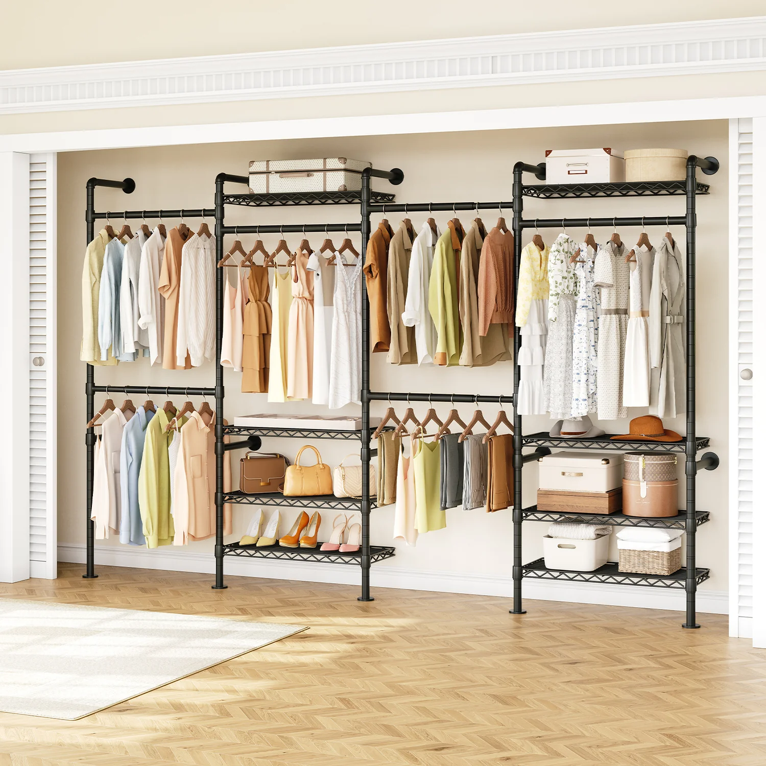 Lightweight Wall Mounted Closet System Industrial Pipe Clothing Rack with 4 Adjustable Hanging Rods and 8 Metal ShelvesWall Mounted Closet System Industrial Pipe Clothing Rack with 4 Adjustable Hanging Rods and 8 Metal Shelves Reliable