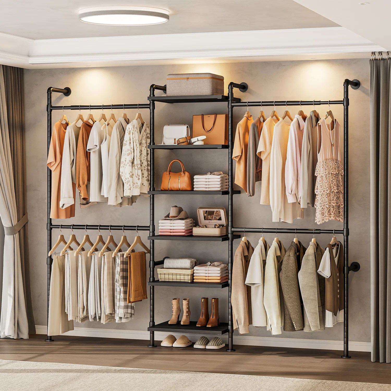 Natural Wall Mounted Closet Organizer System Industrial Pipe Clothes Rack with 4 Adjustable Rods and 6 Wooden ShelvesWall Mounted Closet Organizer System Industrial Pipe Clothes Rack with 4 Adjustable Rods and 6 Wooden Shelves Exceptional
