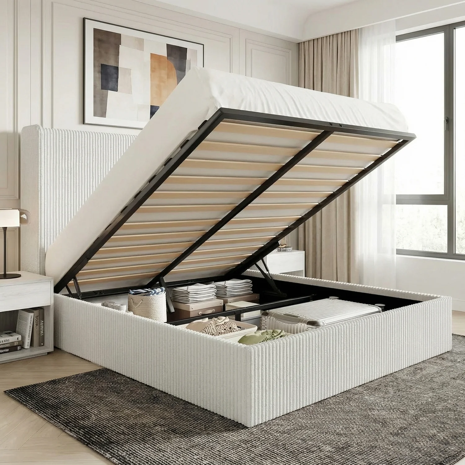 Soft Lift-Up Storage Bed Frame with Wingback Headboard Corduroy Upholstered Platform Bed No Box Spring NeededLift-Up Storage Bed Frame with Wingback Headboard Corduroy Upholstered Platform Bed No Box Spring Needed Solid