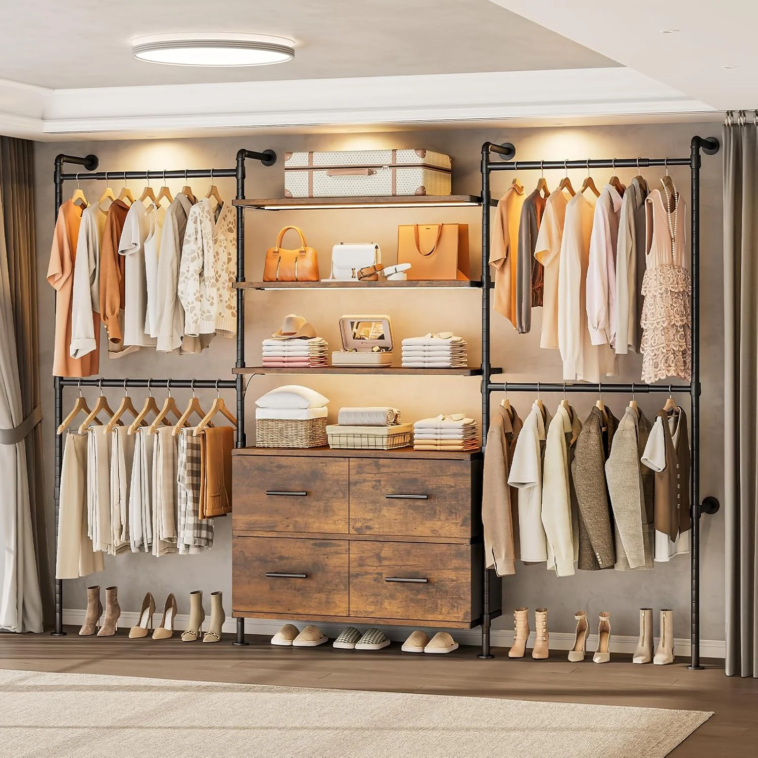 Selected Closet System with LED Light Industrial Pipe Clothing Rack with 4 Drawers 4 Telescopic Rods and 6 ShelvesCloset System with LED Light Industrial Pipe Clothing Rack with 4 Drawers 4 Telescopic Rods and 6 Shelves Exceptional
