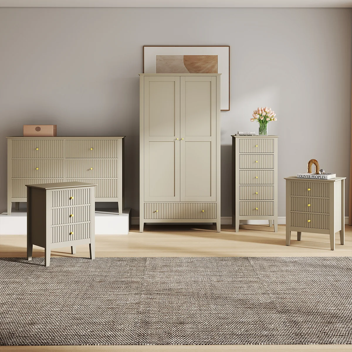Advanced Double Wardrobe 6 Drawer Chest of Drawers Tall 5 Drawer Bedside Table and Pair of 3 Drawer Bedside Tables – Hales Taupe Range Comfortable