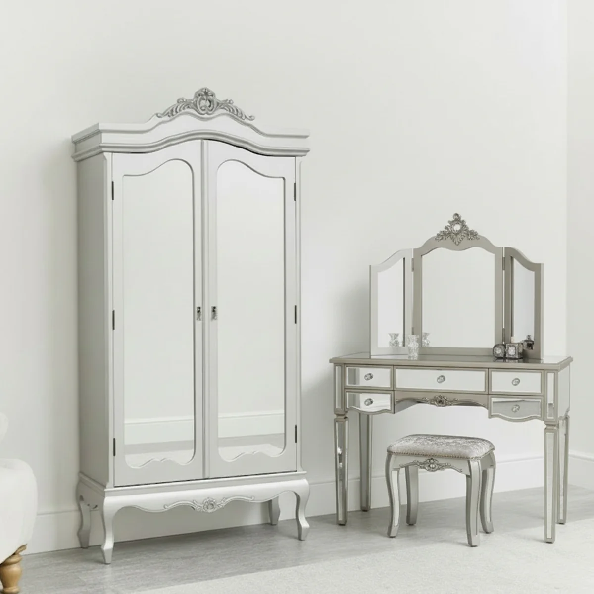 Recyclable Silver Mirrored Double Wardrobe Large Dressing Table Set – Tiffany Range Sustainable