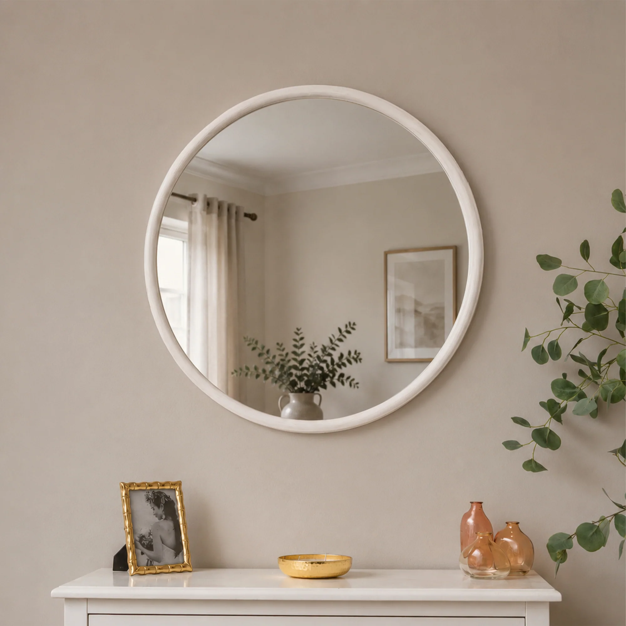 Original Large White Washed Wooden Round Wall Mirror – 80cm x 80cm Professional