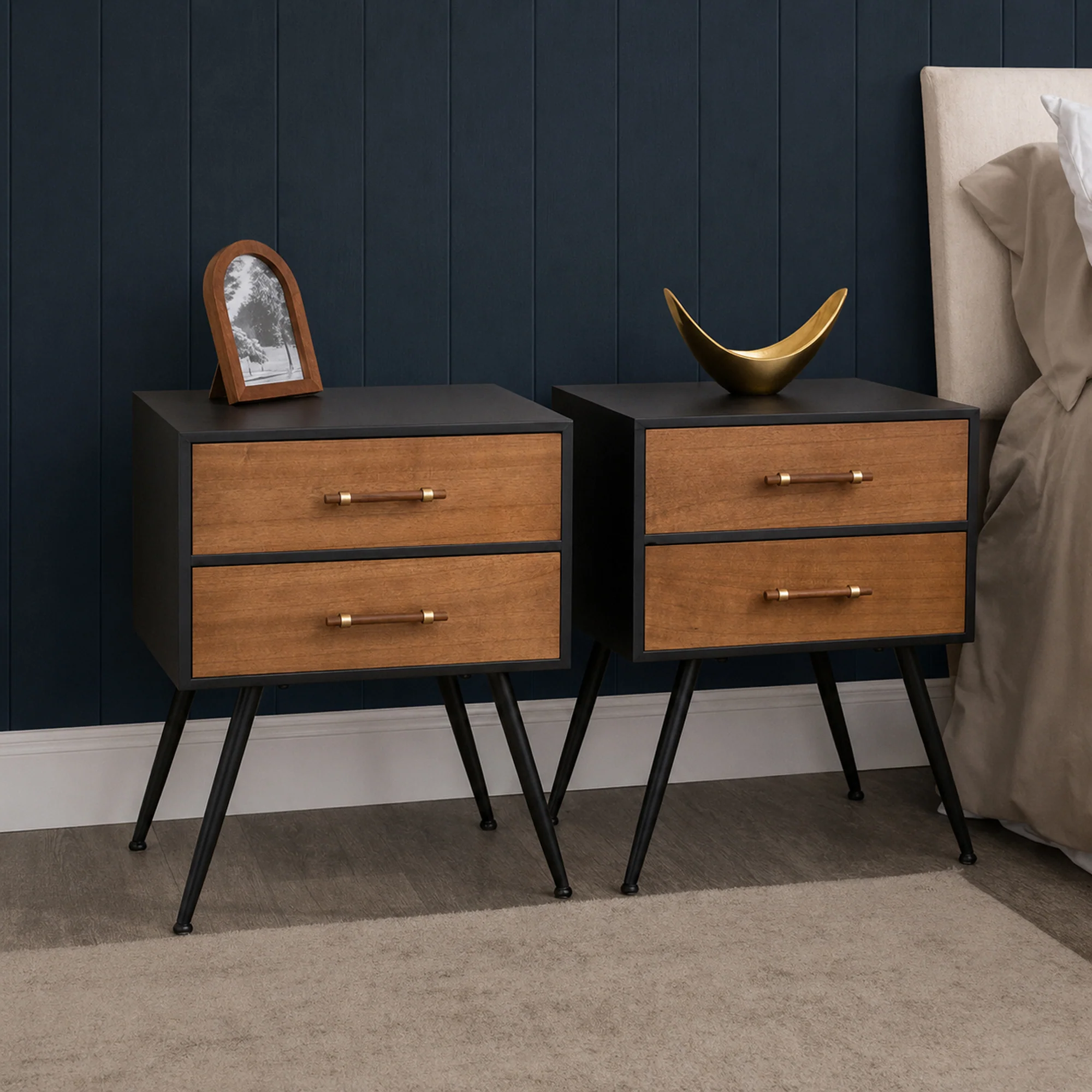 Versatile Pair of Mid-Century Modern Wood Black 2 Drawer Bedside Tables – Ludlow Range Lightweight