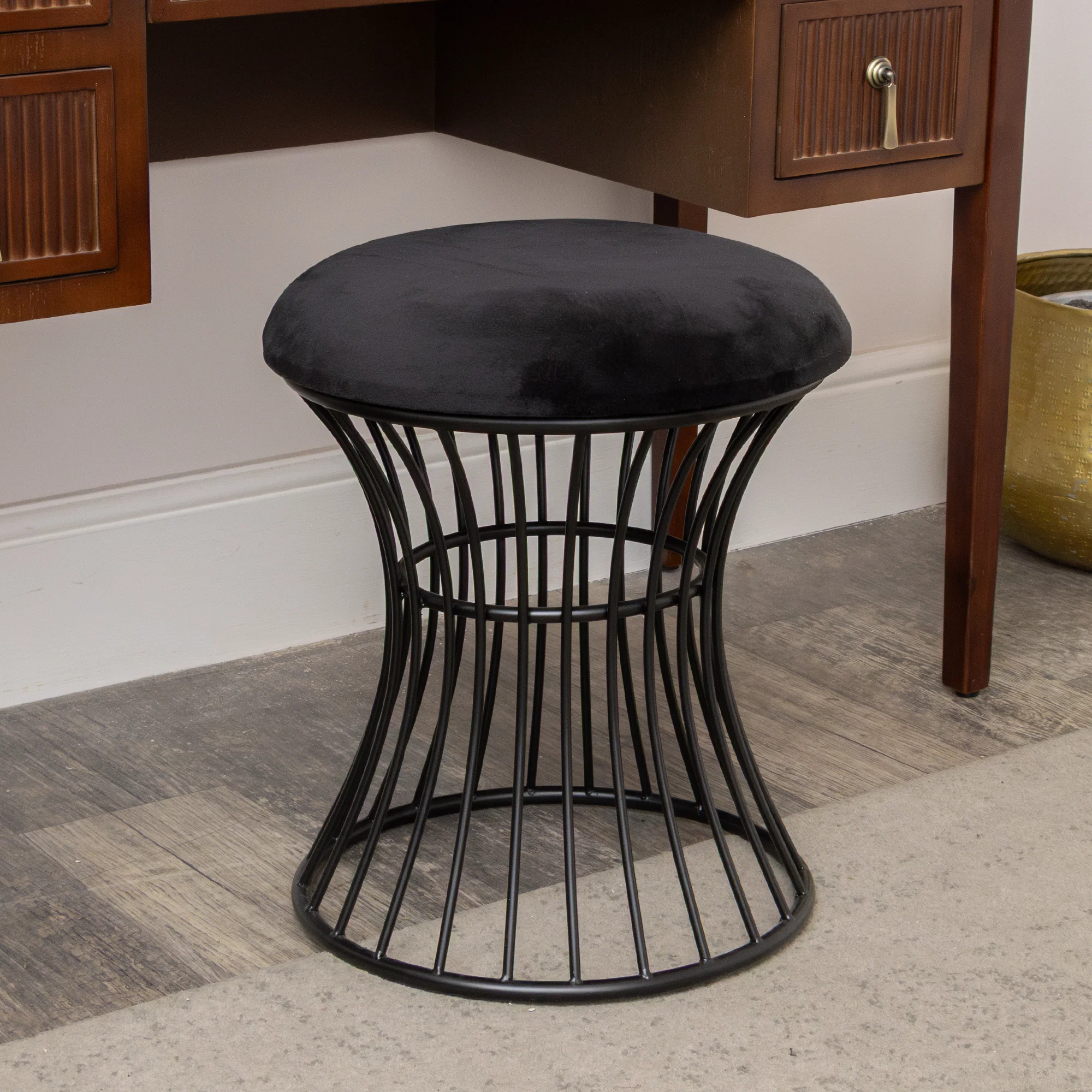 Classic Black Metal Detailed Upholstered Dressing Table Stool Trusted
