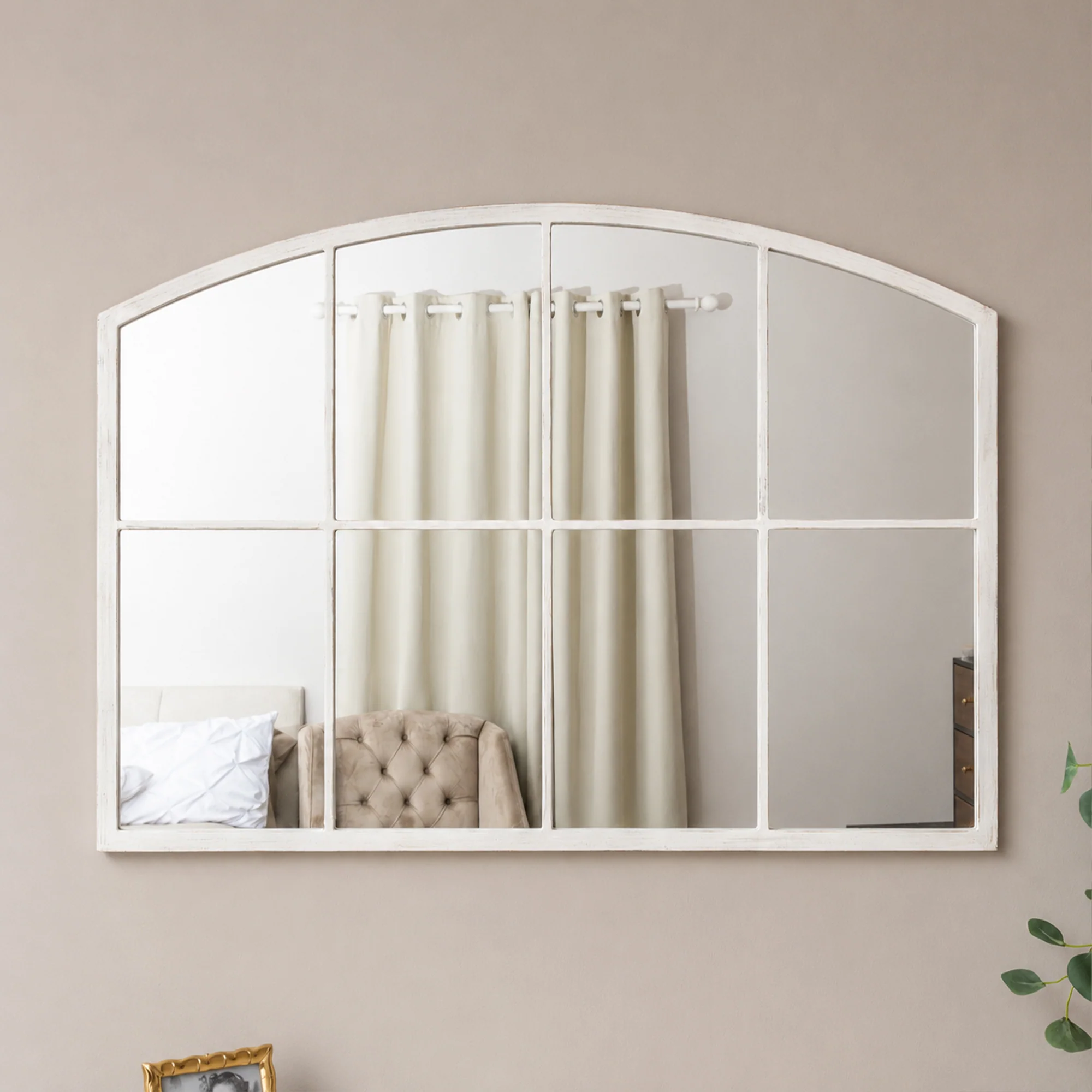 Crafted Distressed White Arched Window Wall Mirror – 100cm x 70cm Smooth