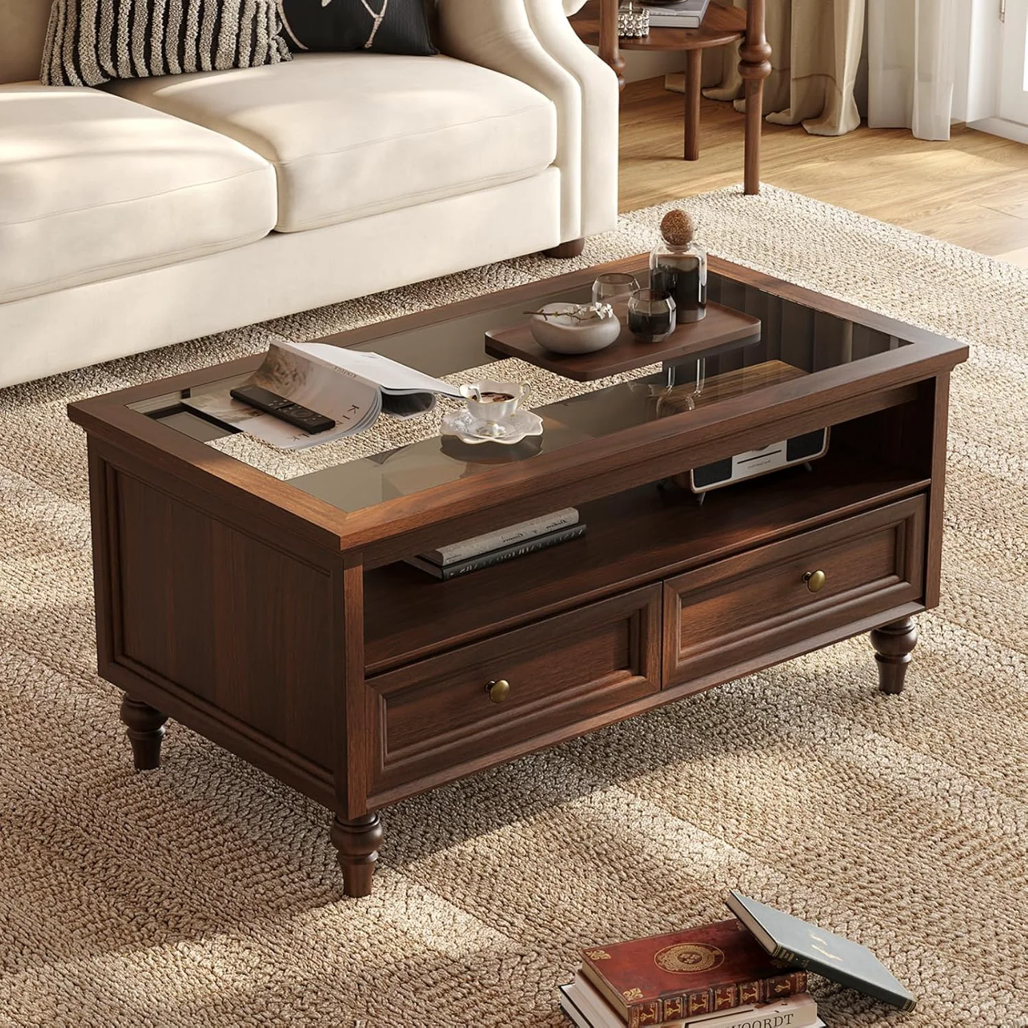 Practical 39.4 Farmhouse Coffee Table with Tempered Glass Top Storage Drawers Open Shelf39.4 Farmhouse Coffee Table with Tempered Glass Top Storage Drawers Open Shelf Natural