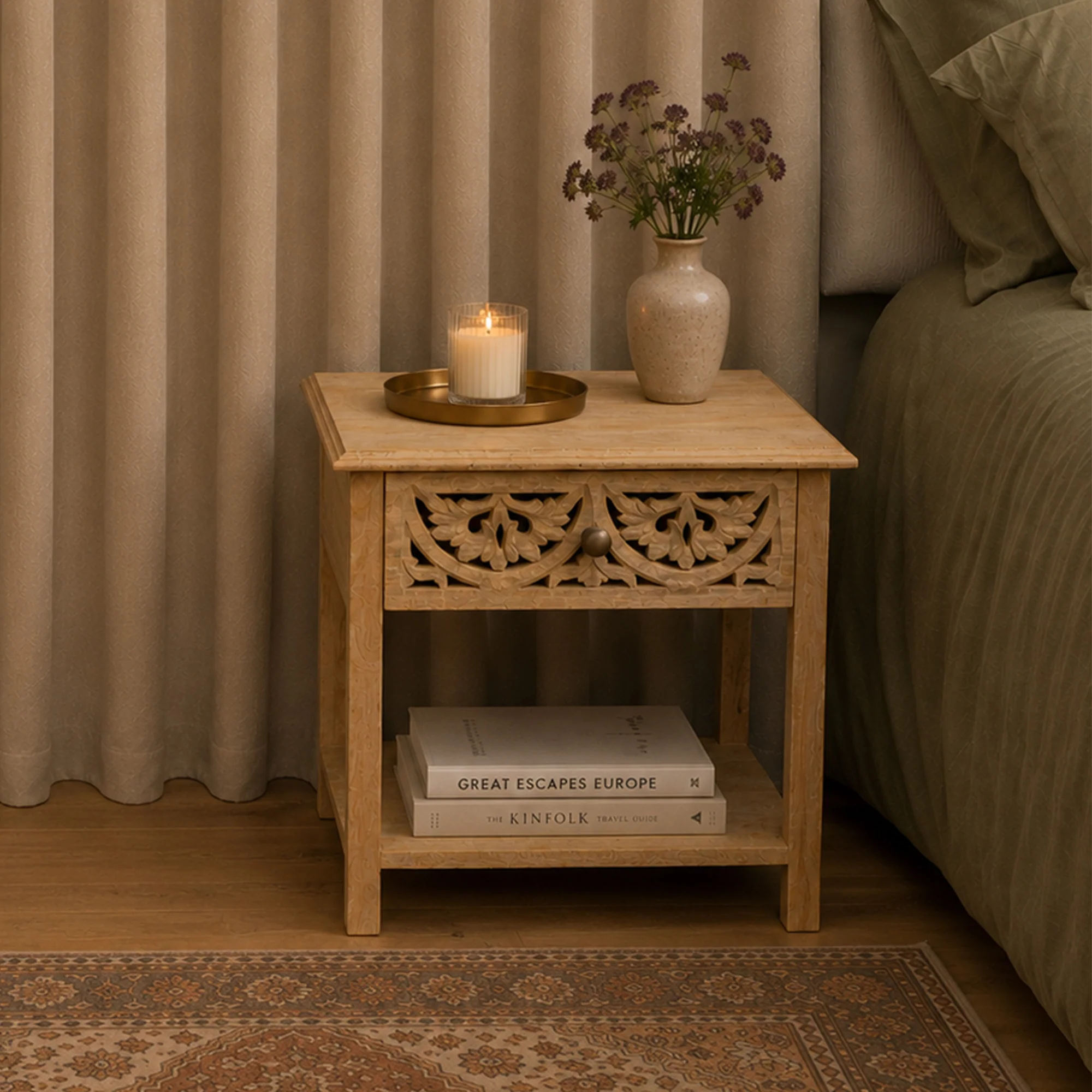Premium Material Bohemian Natural Mango Wood One Drawer Bedside Table – Freya Wood Range Smooth