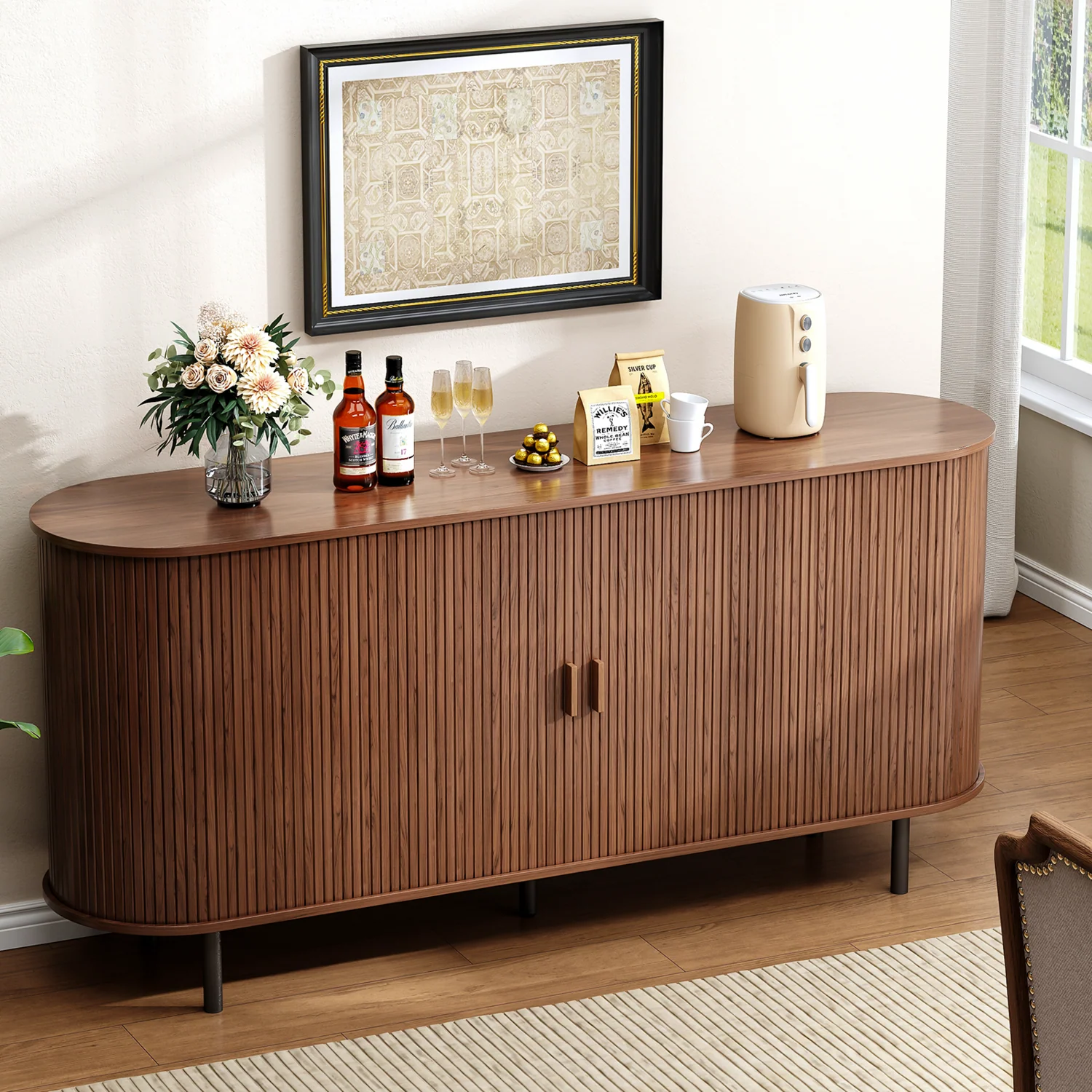 Dependable 63 Inch Buffet Sideboard Cabinet Coffee Bar Cabinet with Storage Fluted Sliding Doors Adjustable Shelves63 Inch Buffet Sideboard Cabinet Coffee Bar Cabinet with Storage Fluted Sliding Doors Adjustable Shelves Original
