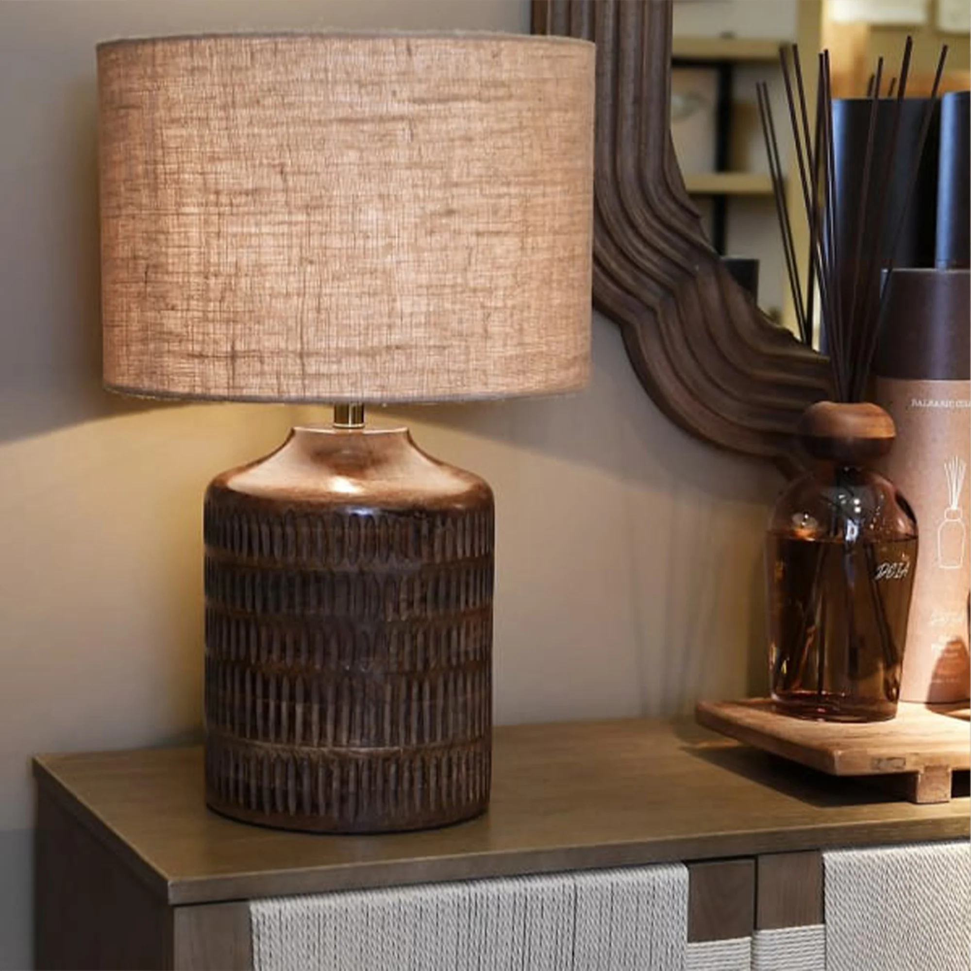 Specialty Mango Wood Ridged Table Lamp with Jute Shade High-End