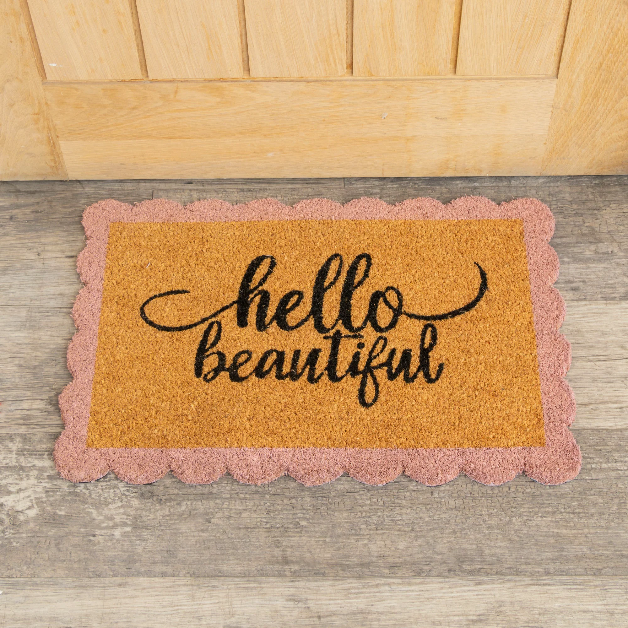 First-Class Hello Beautiful Pink Scalloped Coir Doormat High-End