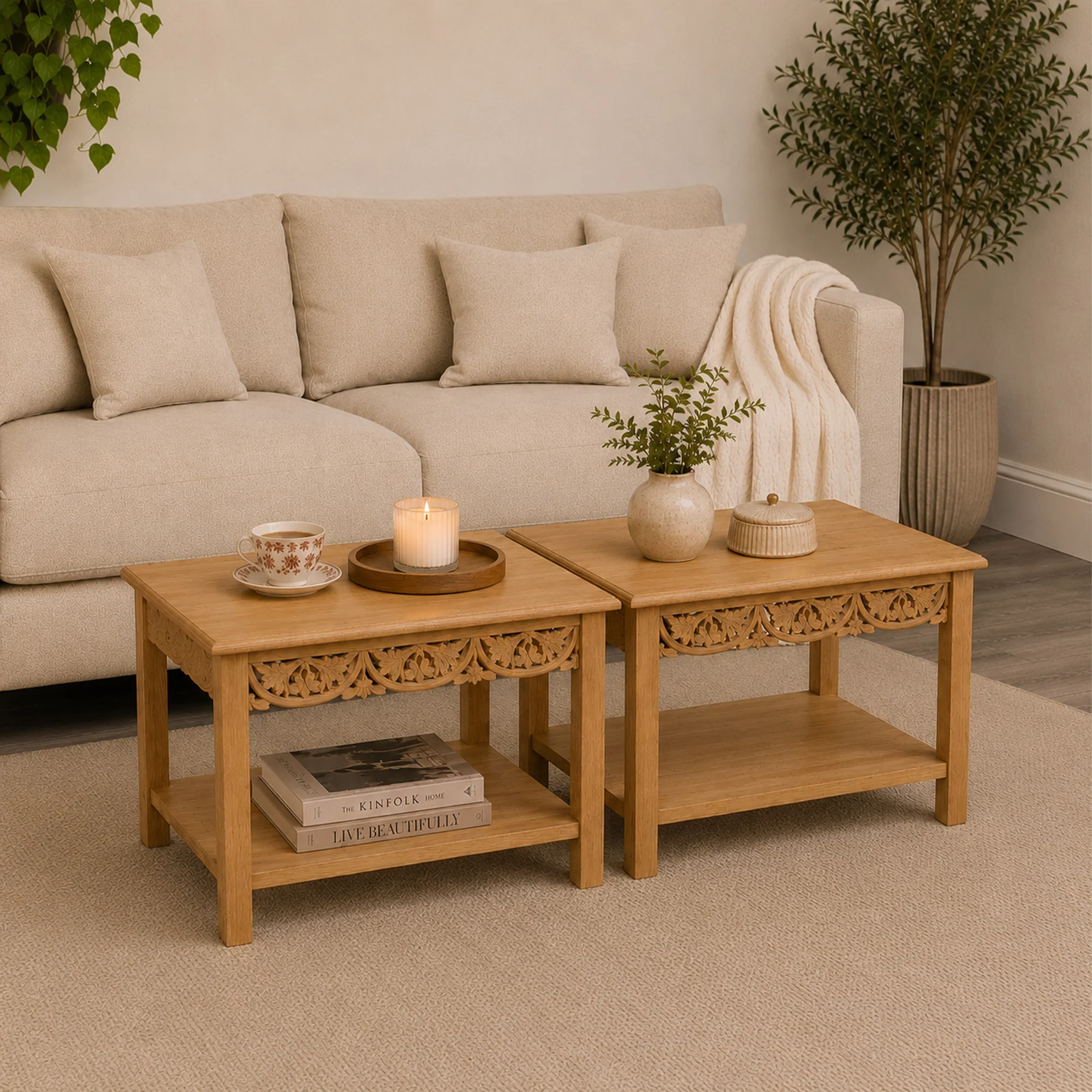 Durable Set of 2 Bohemian Natural Mango Wood Side Coffee Tables – Freya Wood Range Optimized