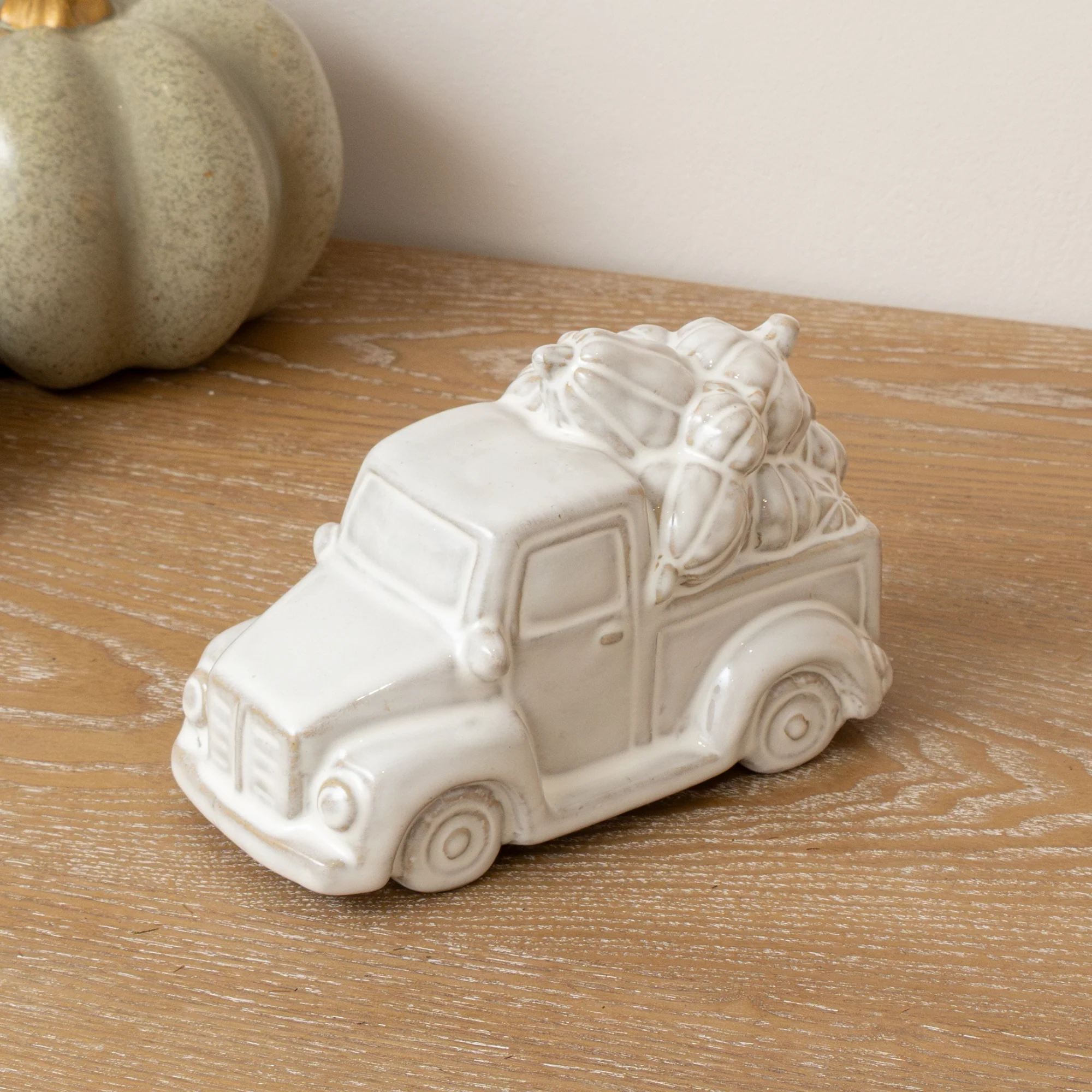 Genuine Small White Glazed Ceramic Pumpkin Trailer Ornament – 15.5cm x 8cm Expertly Made