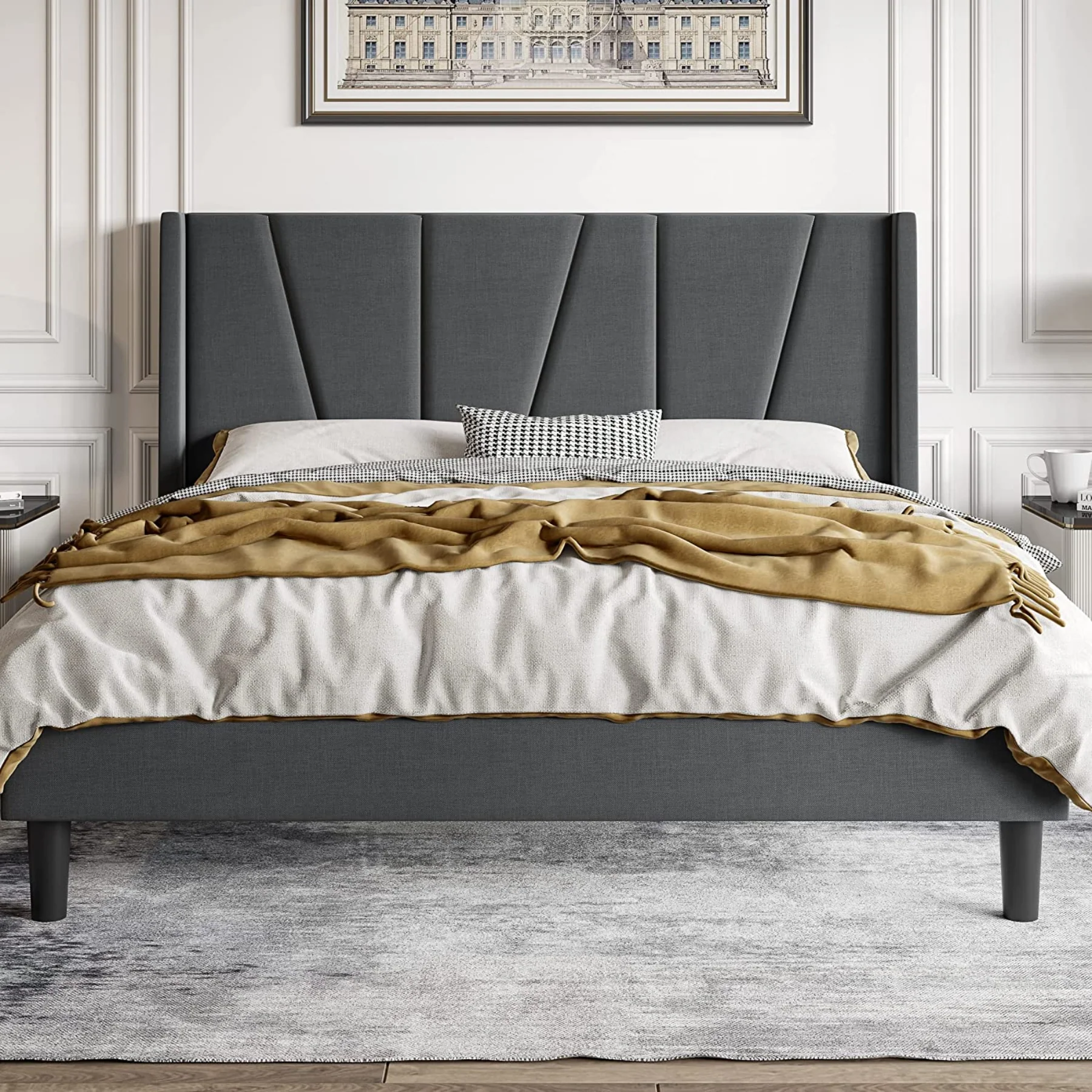 Casual Bed Frame with Geometric Headboard Wooden Slats No Box Spring Needed Mattress Foundation – Beige GreyBed Frame with Geometric Headboard Wooden Slats No Box Spring Needed Mattress Foundation – Beige Grey Outstanding
