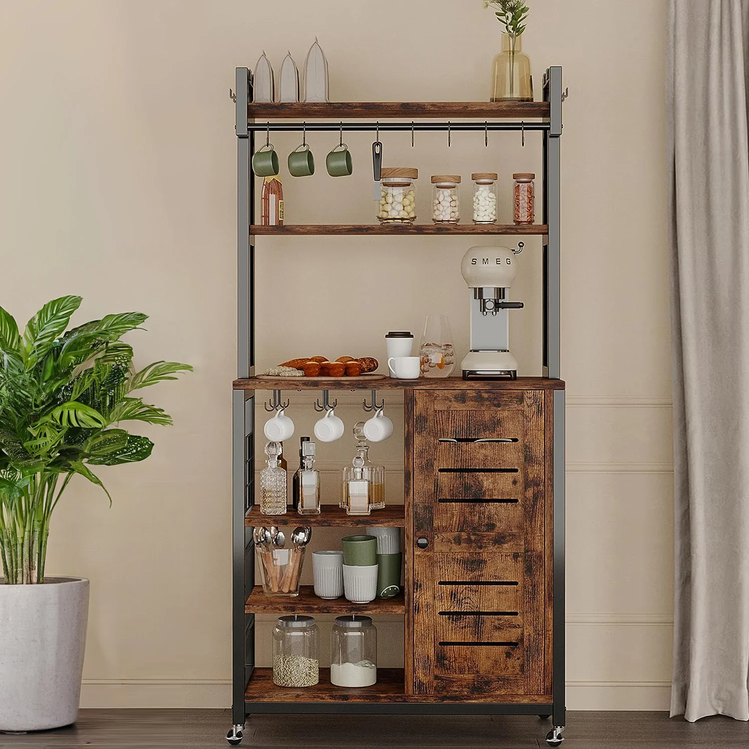 Optimized Bakers Rack Microwave Stand Coffee Station Kitchen Storage with Power Outlets Wheels Feet Cabinets and 10 S-HooksBakers Rack Microwave Stand Coffee Station Kitchen Storage with Power Outlets Wheels Feet Cabinets and 10 S-Hooks Smart