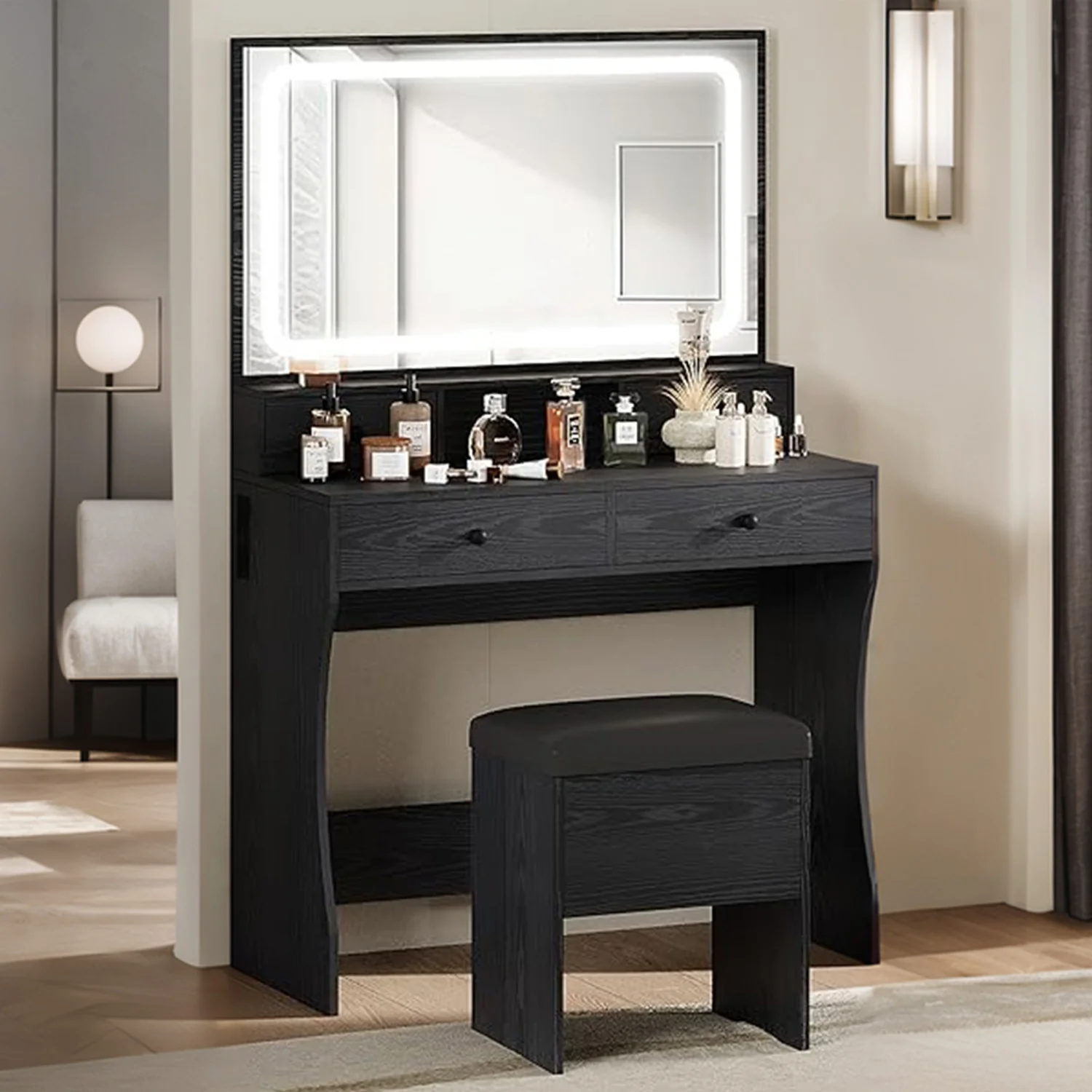 Optimized Vanity Desk Set Makeup Vanity with Power Outlet LED Mirror Storage StoolVanity Desk Set Makeup Vanity with Power Outlet LED Mirror Storage Stool Fine Crafted
