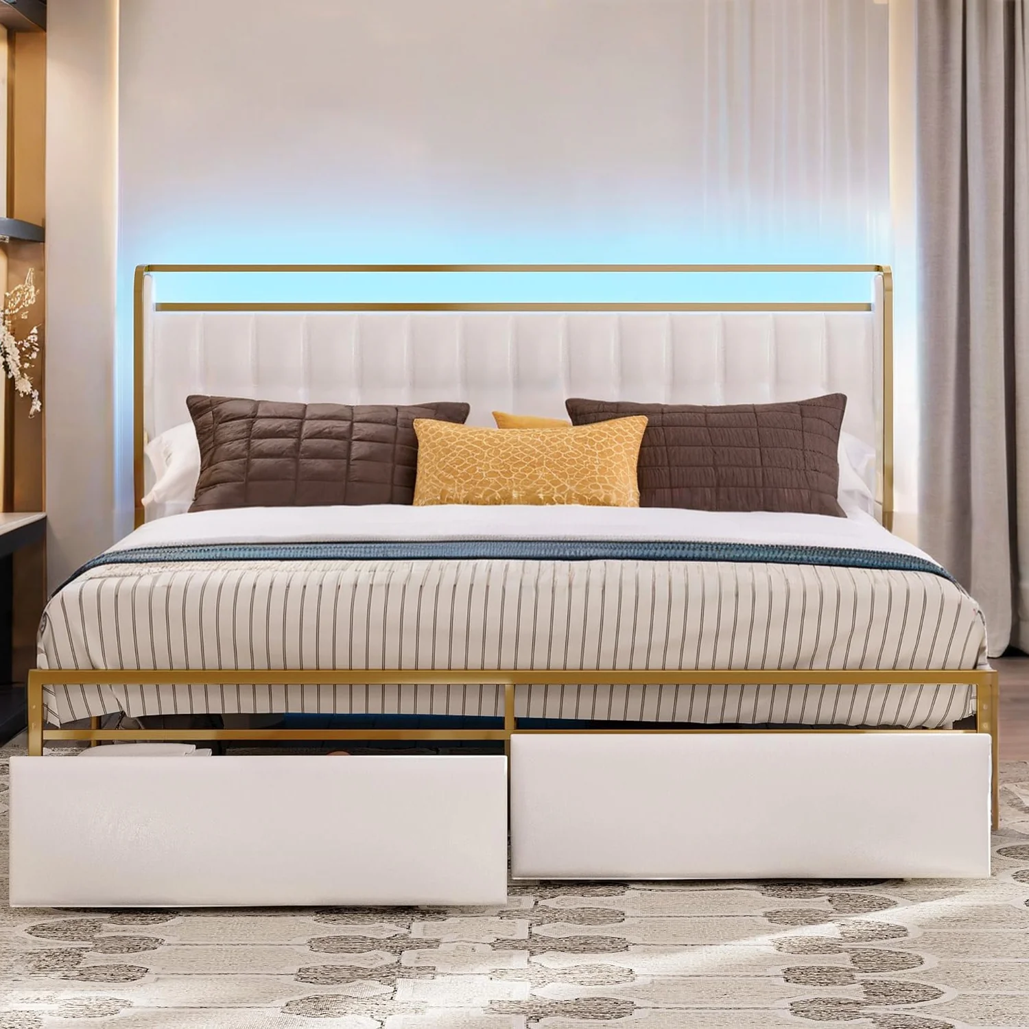 Top-Quality Upholstered Bed Frame with RGB Light Drawers No Box Spring Needed No NoiseUpholstered Bed Frame with RGB Light Drawers No Box Spring Needed No Noise Consistent