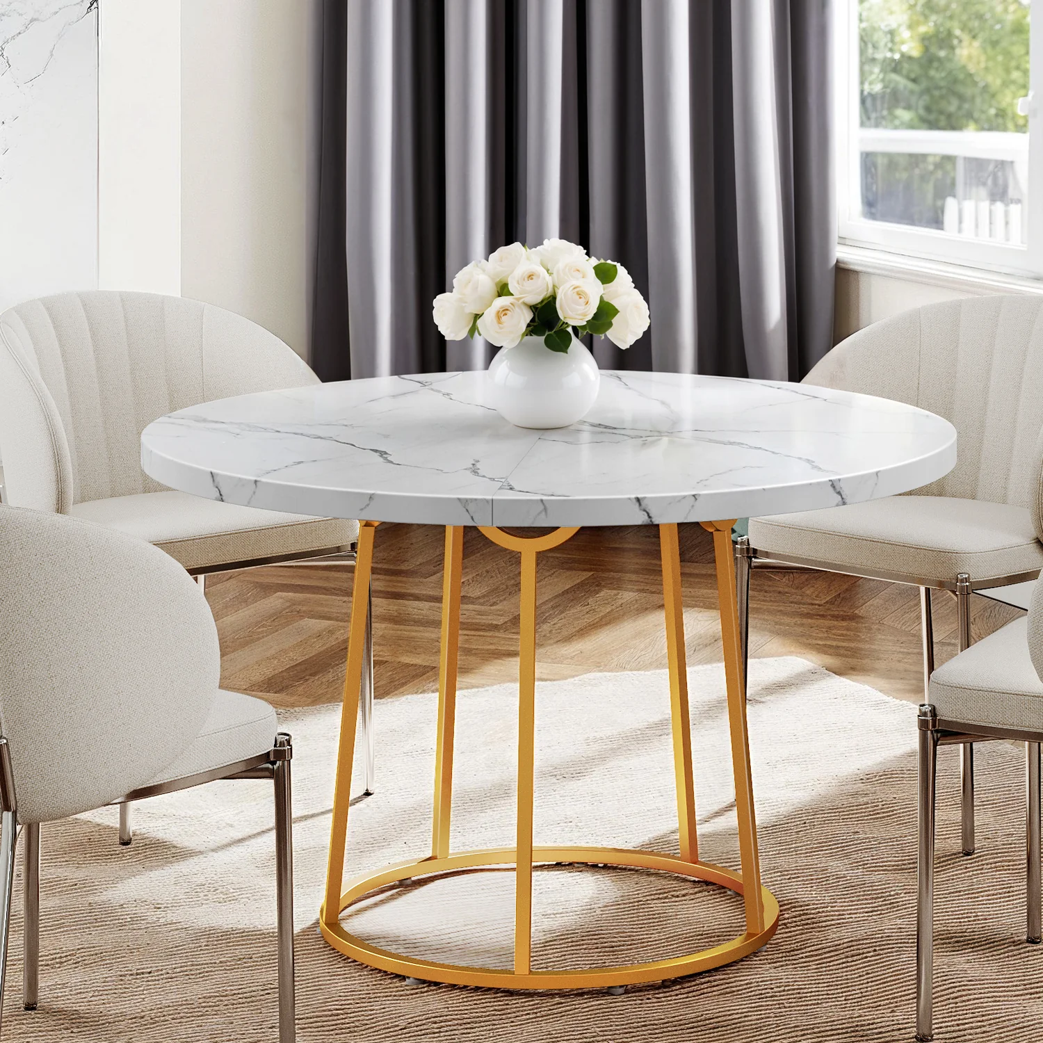 Reusable Round Dining Table Wooden 47 Inch Marble Pattern Kitchen Table for 4 PeopleRound Dining Table Wooden 47 Inch Marble Pattern Kitchen Table for 4 People Elegant