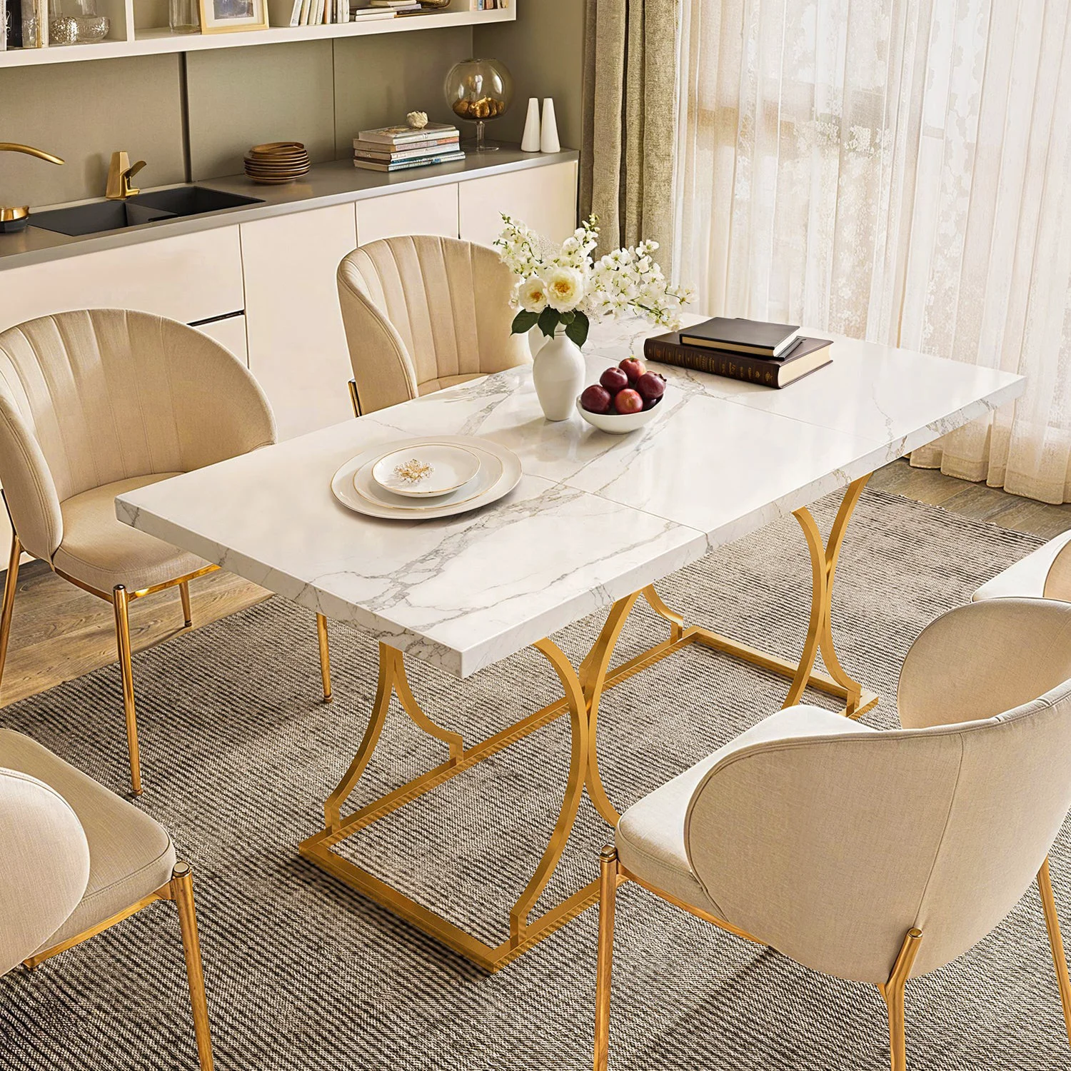 Professional Dining Table Wooden Rectangle Marble Pattern Kitchen Table for 6 PeopleDining Table Wooden Rectangle Marble Pattern Kitchen Table for 6 People Authentic