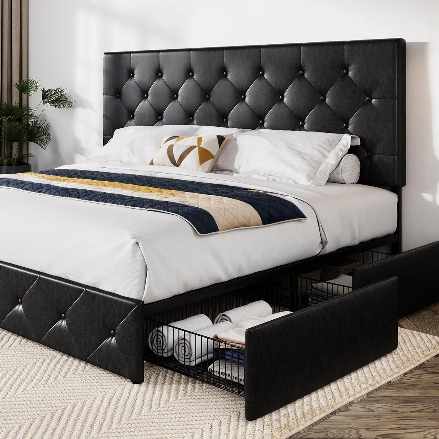 Excellent Faux Leather Upholstered Bed Frame with 4 Drawers Storage and Button HeadboardFaux Leather Upholstered Bed Frame with 4 Drawers Storage and Button Headboard Premium Material