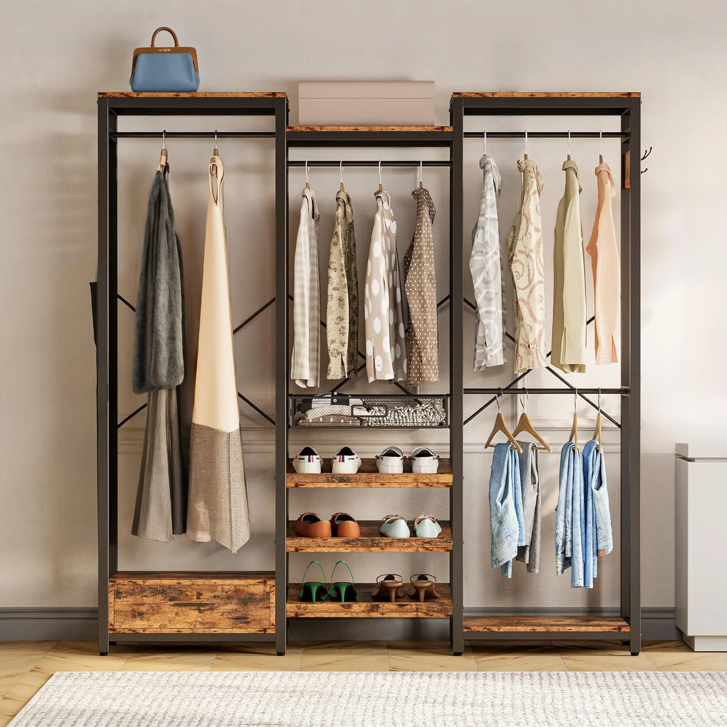 Durable Clothes Rack Garment Rack with Hanging Rods Shelves and Storage DrawerClothes Rack Garment Rack with Hanging Rods Shelves and Storage Drawer Smooth