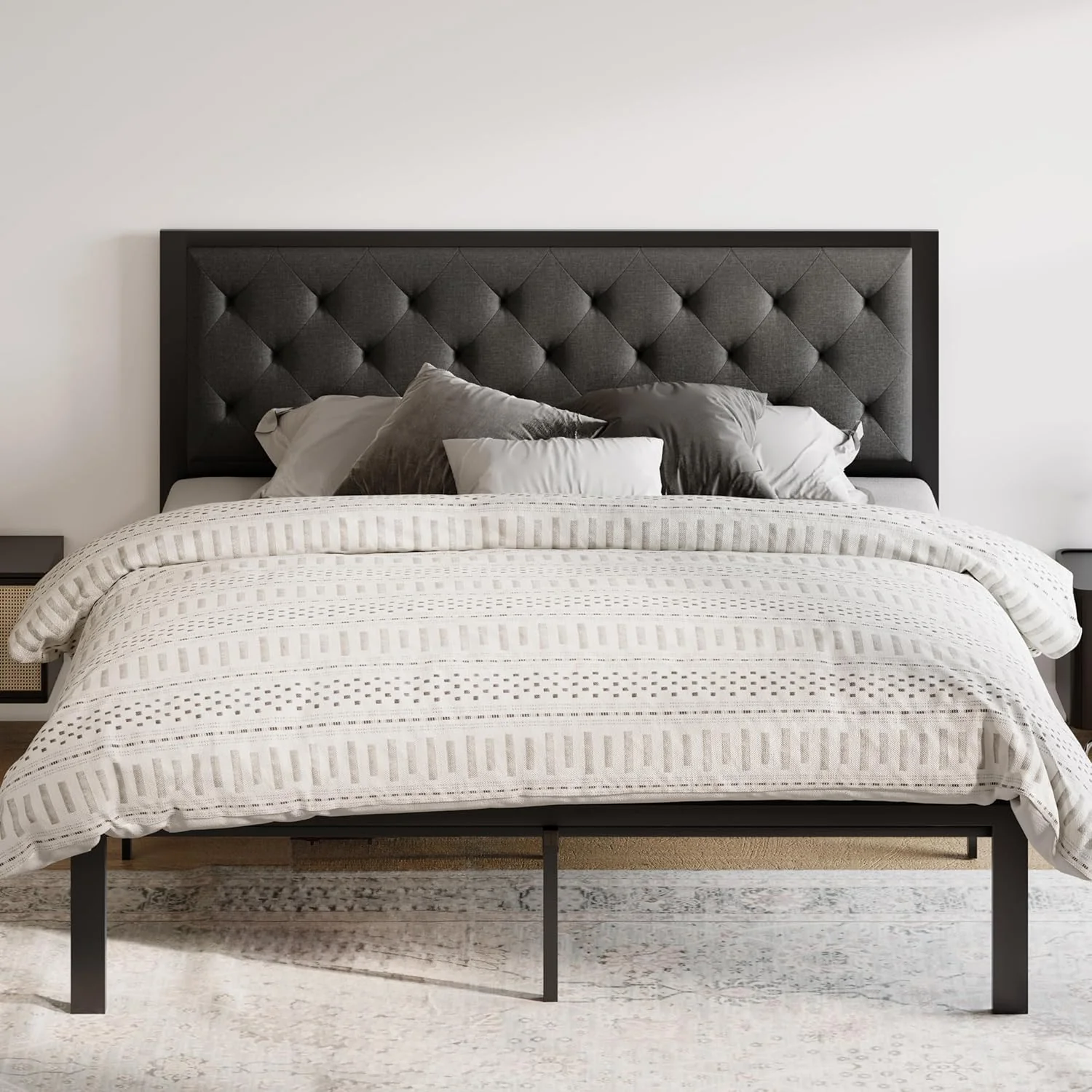Premium Material Upholstered Headboard Bed Frame Chic Diamond Seam Tufting Design No Springs Required Dark GrayUpholstered Headboard Bed Frame Chic Diamond Seam Tufting Design No Springs Required Dark Gray Breathable