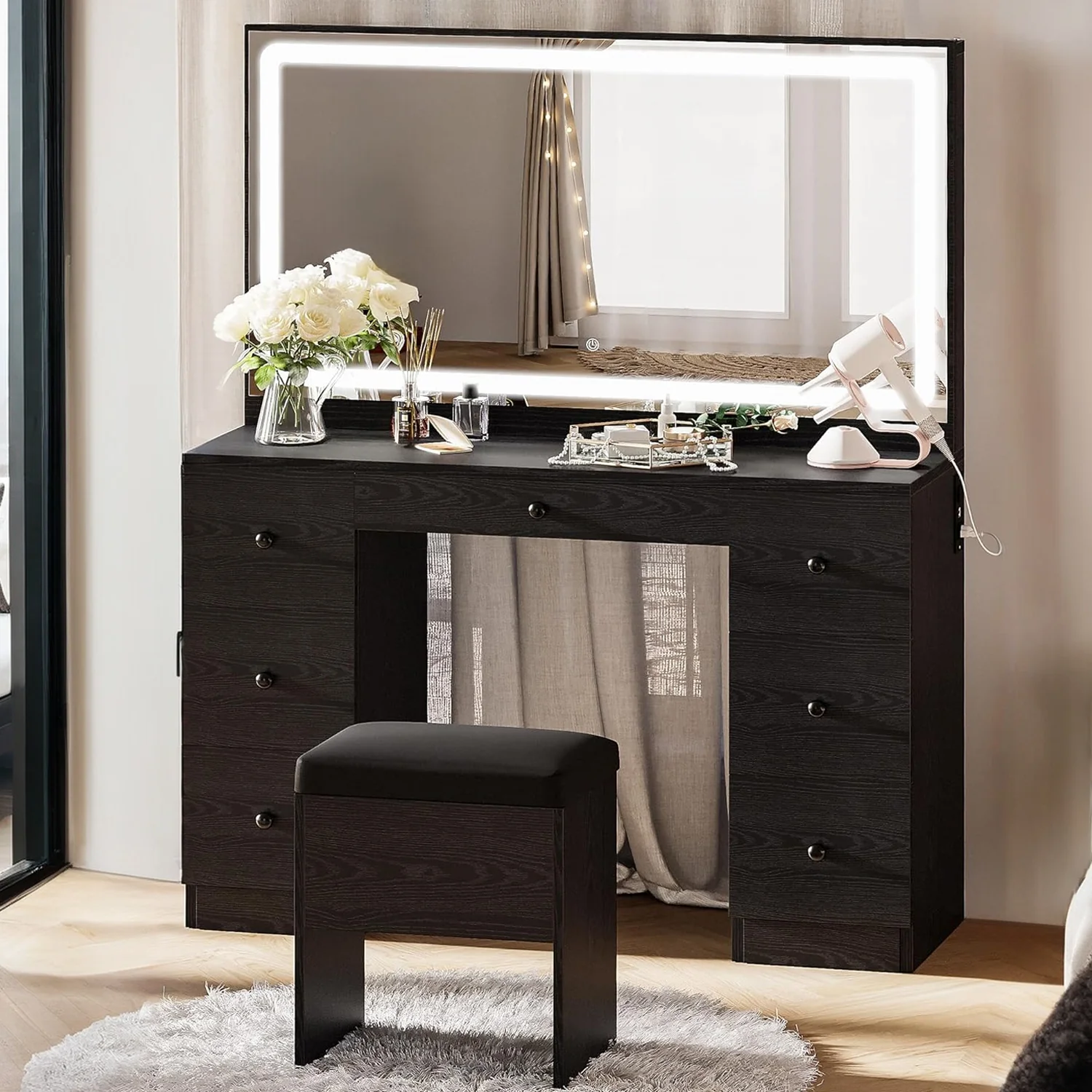 Smart Makeup Vanity Dressing Desk Set with LED Lighted Mirror Power Outlet 7 DrawersMakeup Vanity Dressing Desk Set with LED Lighted Mirror Power Outlet 7 Drawers Relaxed