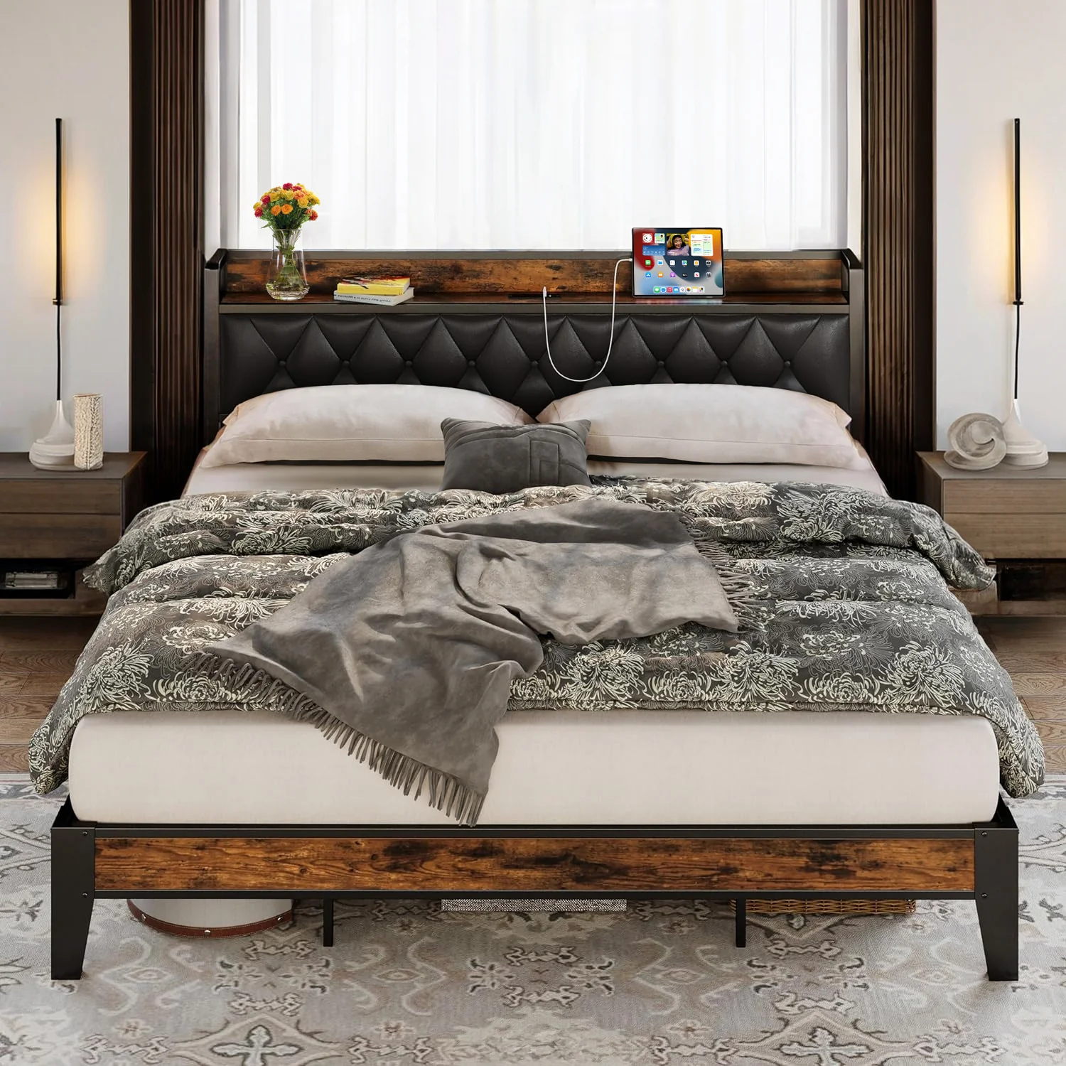 Selected California King Bed Frame with Fabric Storage Headboard and Charging StationCalifornia King Bed Frame with Fabric Storage Headboard and Charging Station Trendy