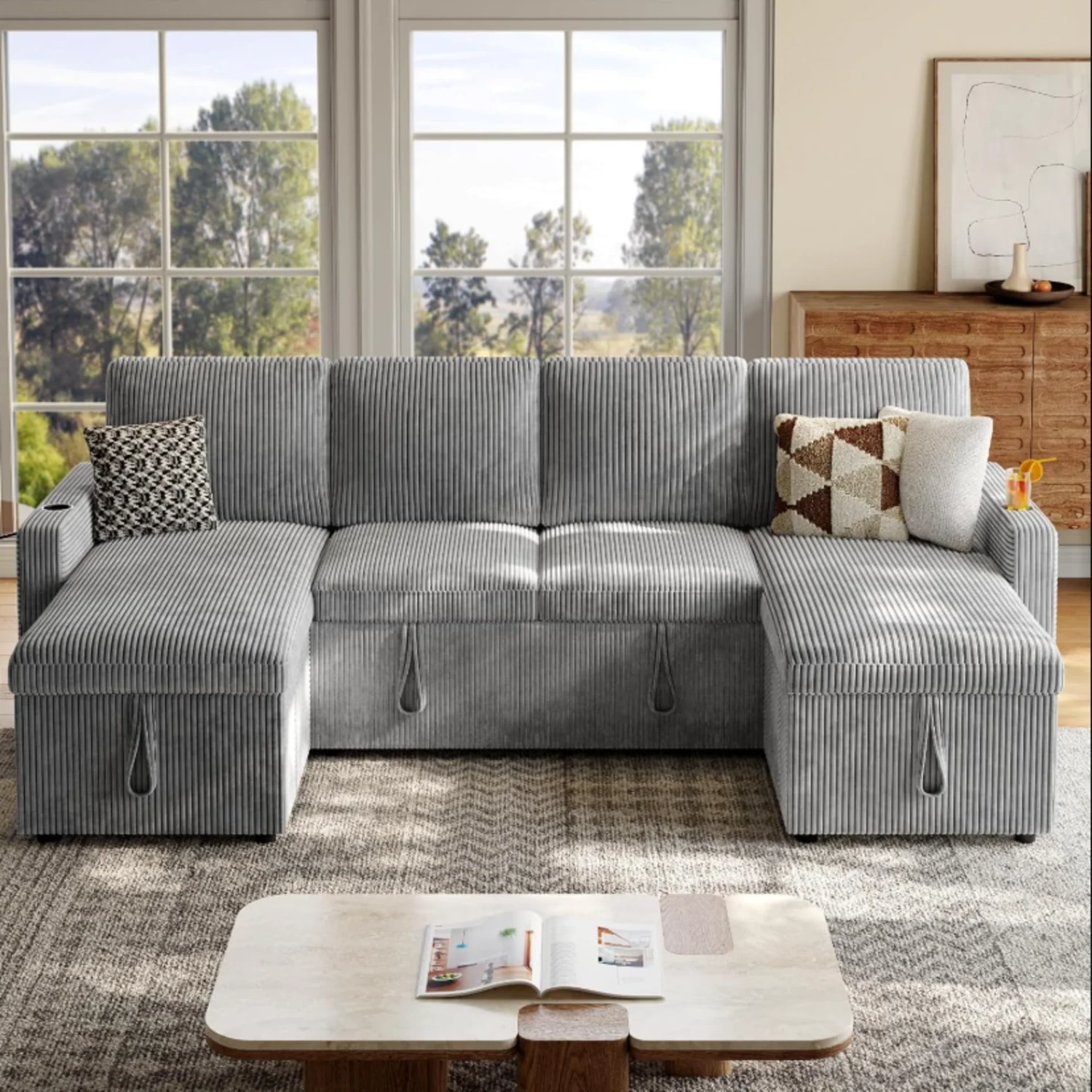 Fine Crafted 101 Inch U-Shaped Sleeper Sofa Couch with Pull Out Bed Corduroy Sectional Sofa Bed Couch with Double Storage Chaise 2 Charging Ports Cup Holder101 Inch U-Shaped Sleeper Sofa Couch with Pull Out Bed Corduroy Sectional Sofa Bed Couch with Double Storage Chaise 2 Charging Ports Cup Holder Minimalist