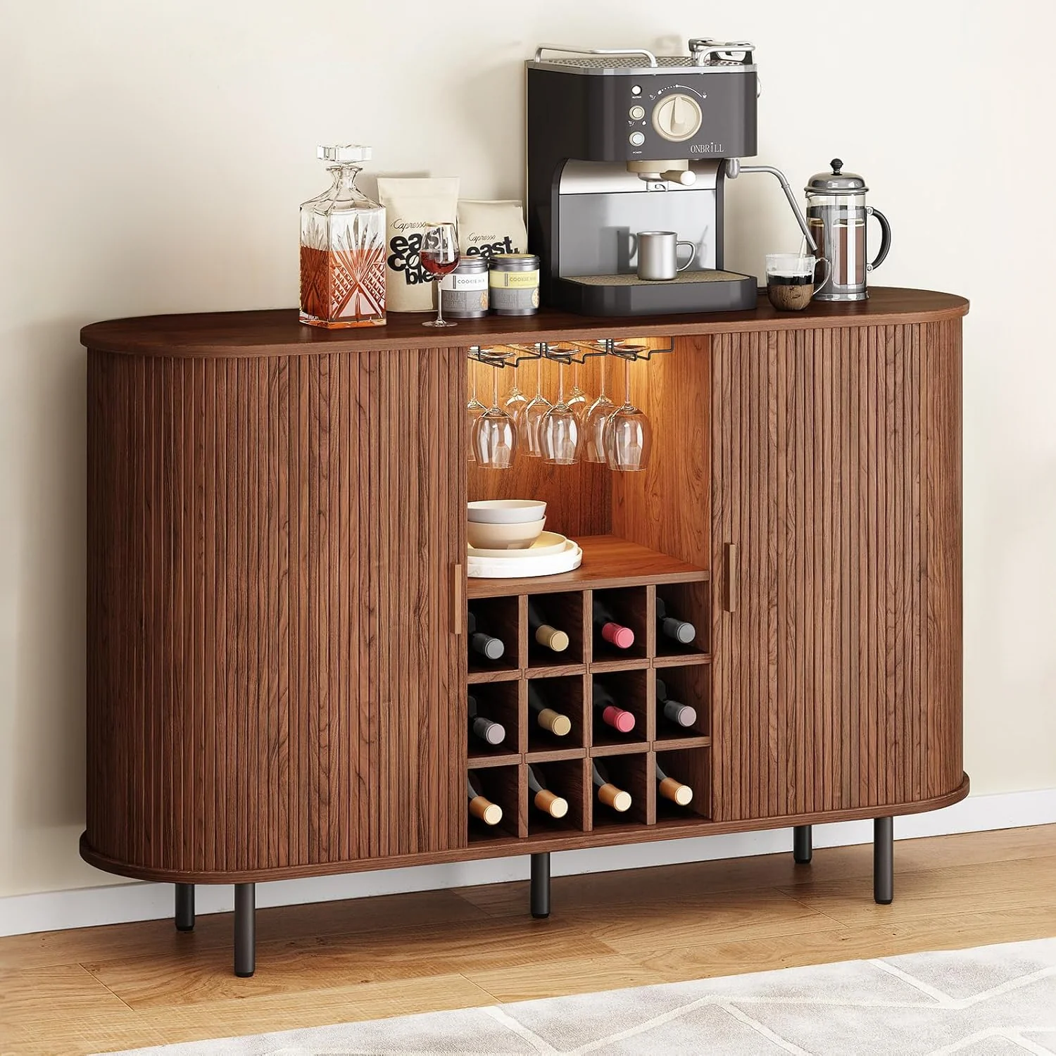 Refined 55 Inch Wine Bar Cabinet with LED Light Modern Coffee Station with Wine Rack and Glass Holder Farmhouse Buffet Sideboard with Storage55 Inch Wine Bar Cabinet with LED Light Modern Coffee Station with Wine Rack and Glass Holder Farmhouse Buffet Sideboard with Storage Contemporary