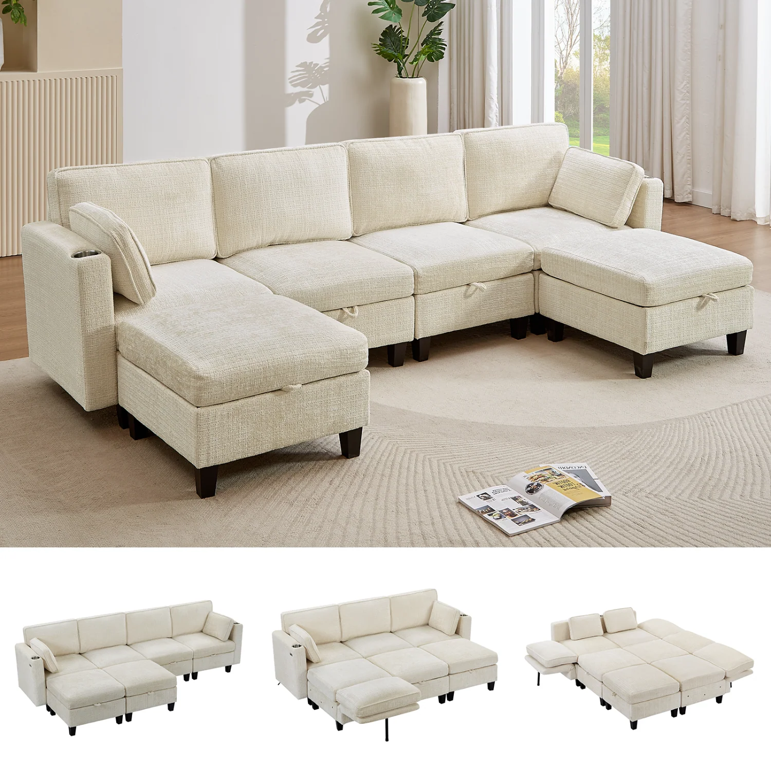 Traditional 110 Inch U-Shaped Modular Sectional Sofa with Storage Chenille Convertible Sleeper Sofa Couch Bed with Adjustable Backrest and Charging Ports110 Inch U-Shaped Modular Sectional Sofa with Storage Chenille Convertible Sleeper Sofa Couch Bed with Adjustable Backrest and Charging Ports Dependable