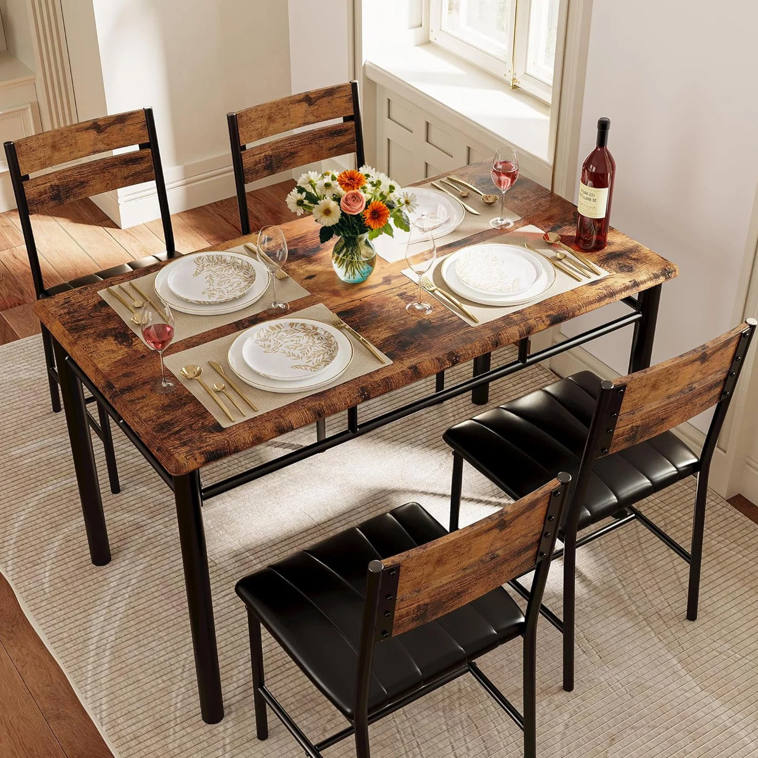 Stylish Dining Table Set for 4 Wood Kitchen Table with Upholstered Chairs Space-Saving Kitchen Table Set Compact Dining SetDining Table Set for 4 Wood Kitchen Table with Upholstered Chairs Space-Saving Kitchen Table Set Compact Dining Set High-Grade