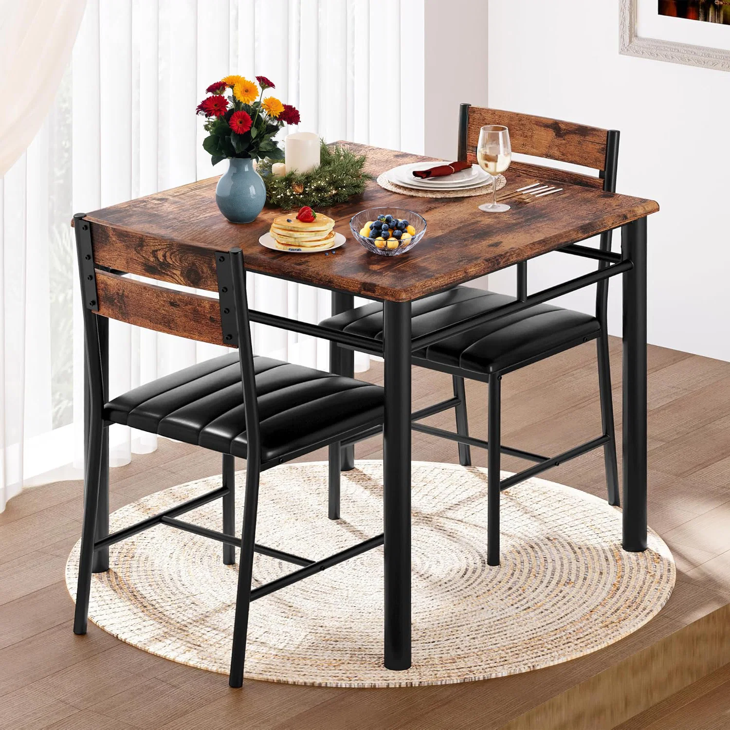 Minimalist Dining Table Set for 2 Small Kitchen Table with Upholstered Chairs Compact Dining Set Kitchen Dining RoomDining Table Set for 2 Small Kitchen Table with Upholstered Chairs Compact Dining Set Kitchen Dining Room Genuine