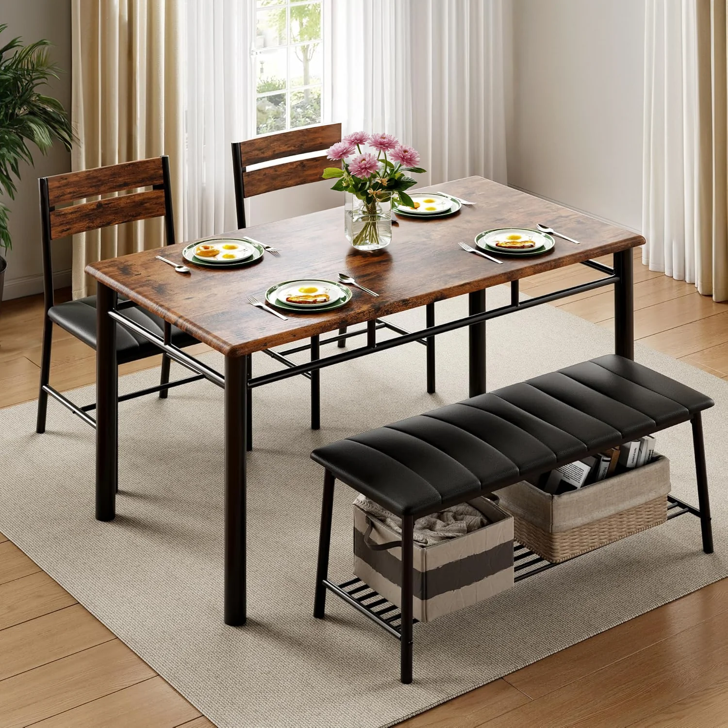 Authentic Dining Table Set Wood Kitchen Table with Upholstered Bench and 2 Chairs Space-Saving Kitchen Table Set Compact Dining SetDining Table Set Wood Kitchen Table with Upholstered Bench and 2 Chairs Space-Saving Kitchen Table Set Compact Dining Set Natural