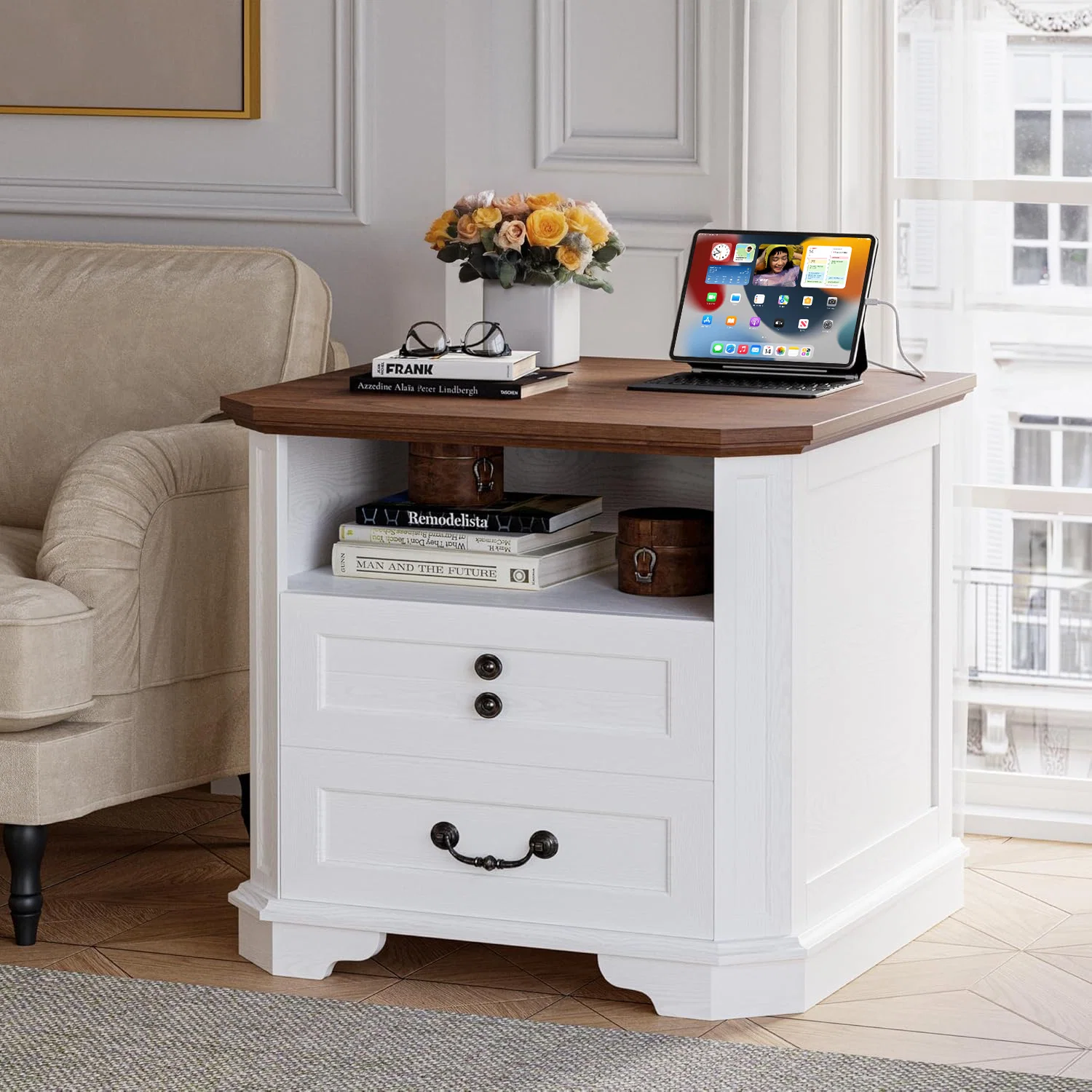 Traditional Night Stand Farmhouse Bedside Table End Table with Charging Station Large Sofa Side Table with 2 DrawersNight Stand Farmhouse Bedside Table End Table with Charging Station Large Sofa Side Table with 2 Drawers Innovative