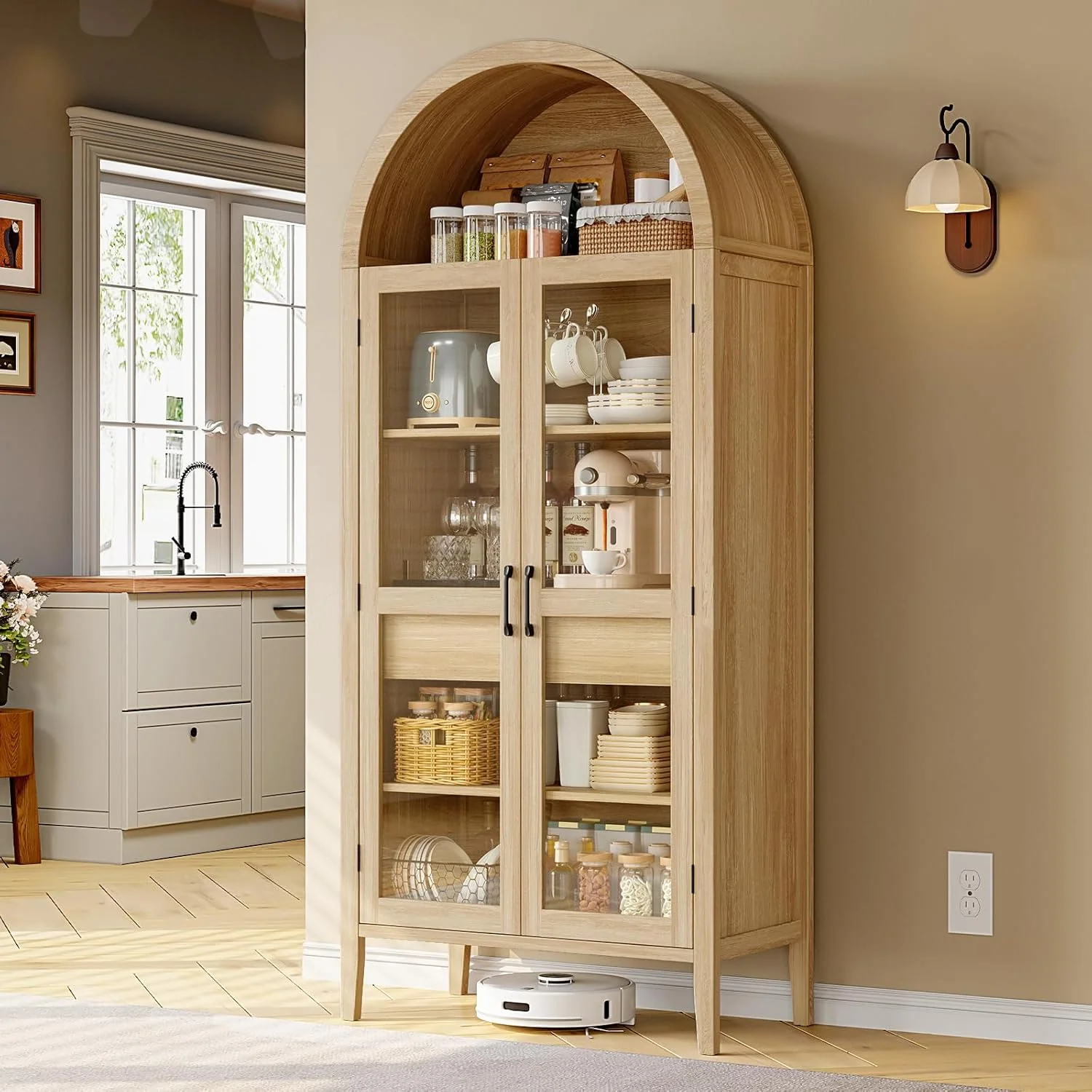 Genuine 71 High Arched Kitchen Sideboard 5-Tier Arched Cabinetry Wooden Sideboard with Glass Doors and Drawers Modern Display Sideboard with Adjustable Legs71 High Arched Kitchen Sideboard 5-Tier Arched Cabinetry Wooden Sideboard with Glass Doors and Drawers Modern Display Sideboard with Adjustable Legs Original Design