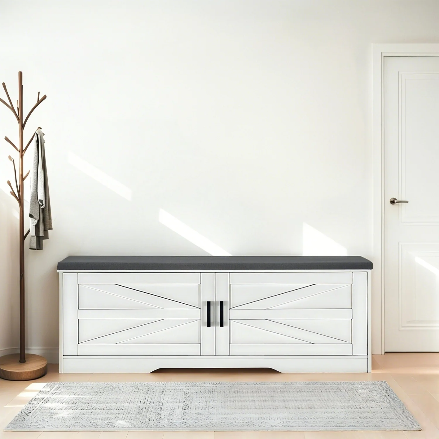 Solid Shoe Bench 2 Tier Storage Bench with Padded Seat Cushion Farmhouse Entryway Bench with 2 Barn Doors 2 Adjustable ShelvesShoe Bench 2 Tier Storage Bench with Padded Seat Cushion Farmhouse Entryway Bench with 2 Barn Doors 2 Adjustable Shelves Quality