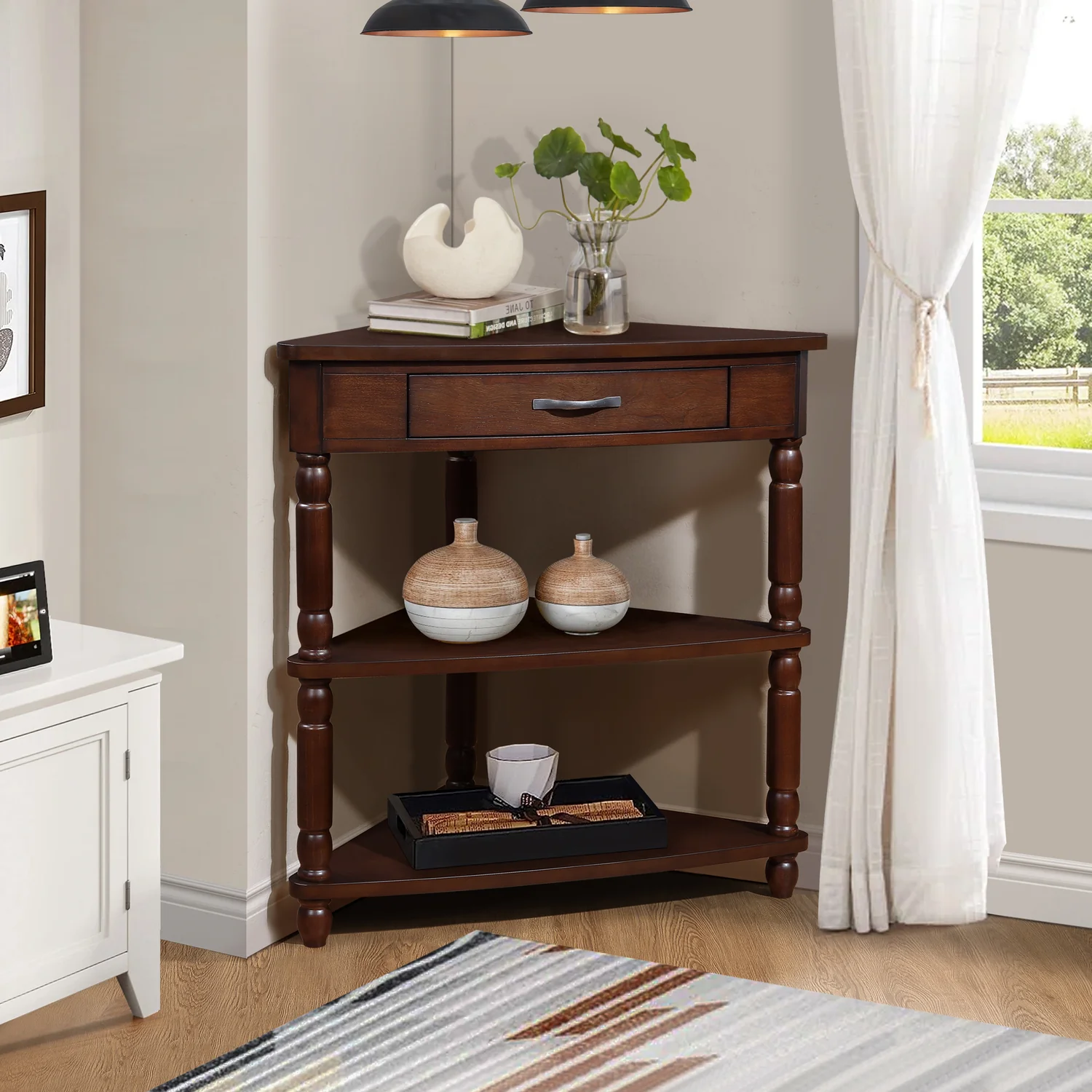 Exclusive Side Table End Table Corner Table 3-Tier Corner Accent Table with Drawer and Storage ShelvesSide Table End Table Corner Table 3-Tier Corner Accent Table with Drawer and Storage Shelves Modern