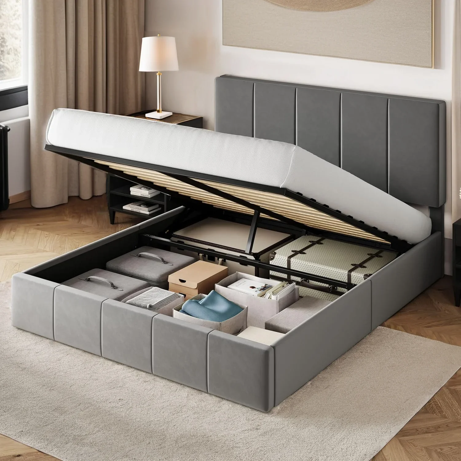 Soft Upholstered Platform Bed Velvet Lift Up Storage Bed Frame with Vertical Channel Tufted Headboard Hydrualic Underneath Storage Wooden Slats SupportUpholstered Platform Bed Velvet Lift Up Storage Bed Frame with Vertical Channel Tufted Headboard Hydrualic Underneath Storage Wooden Slats Support Healthy