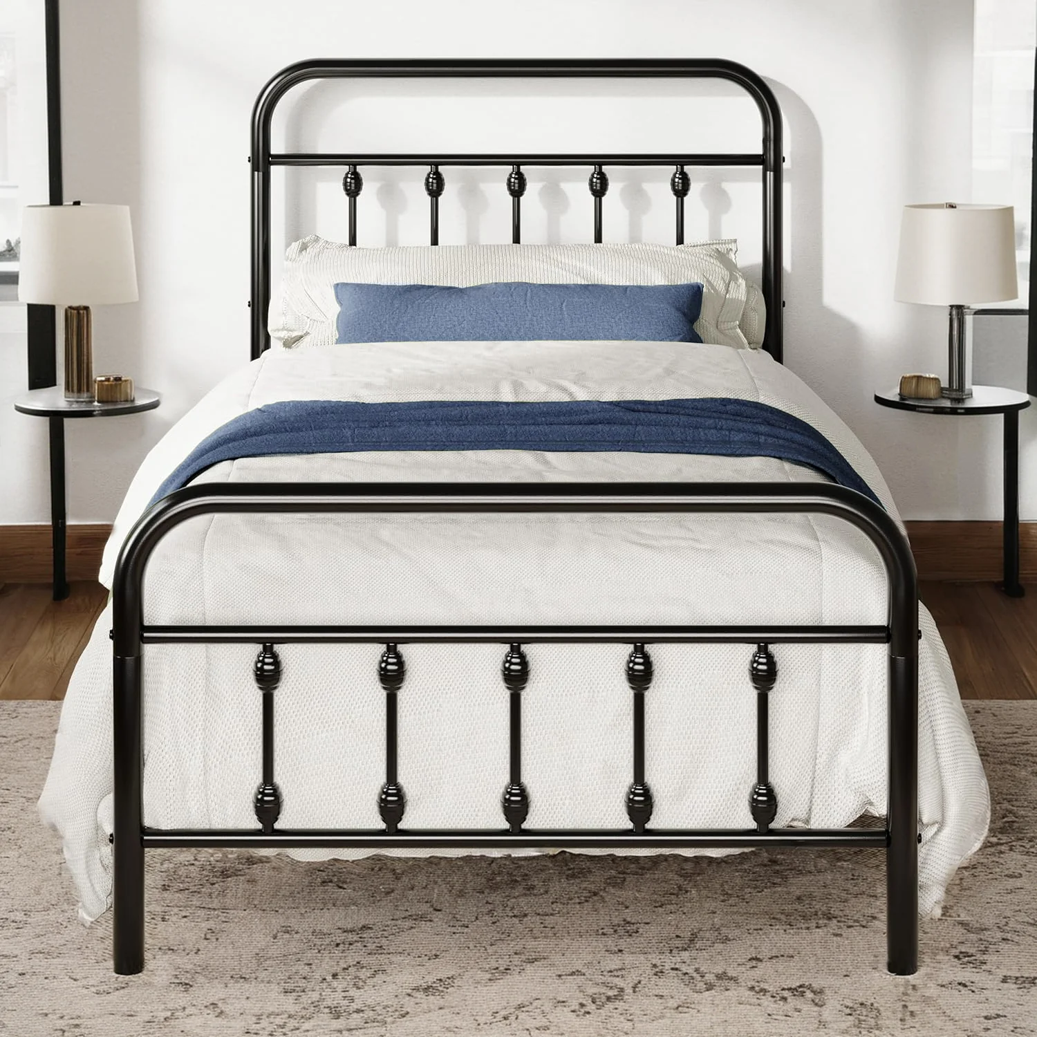 Detailed Pearl-Accent Twin Size Victorian Platform Metal Bed Frame with Headboard and Footboard Under-Bed StoragePearl-Accent Twin Size Victorian Platform Metal Bed Frame with Headboard and Footboard Under-Bed Storage Safe