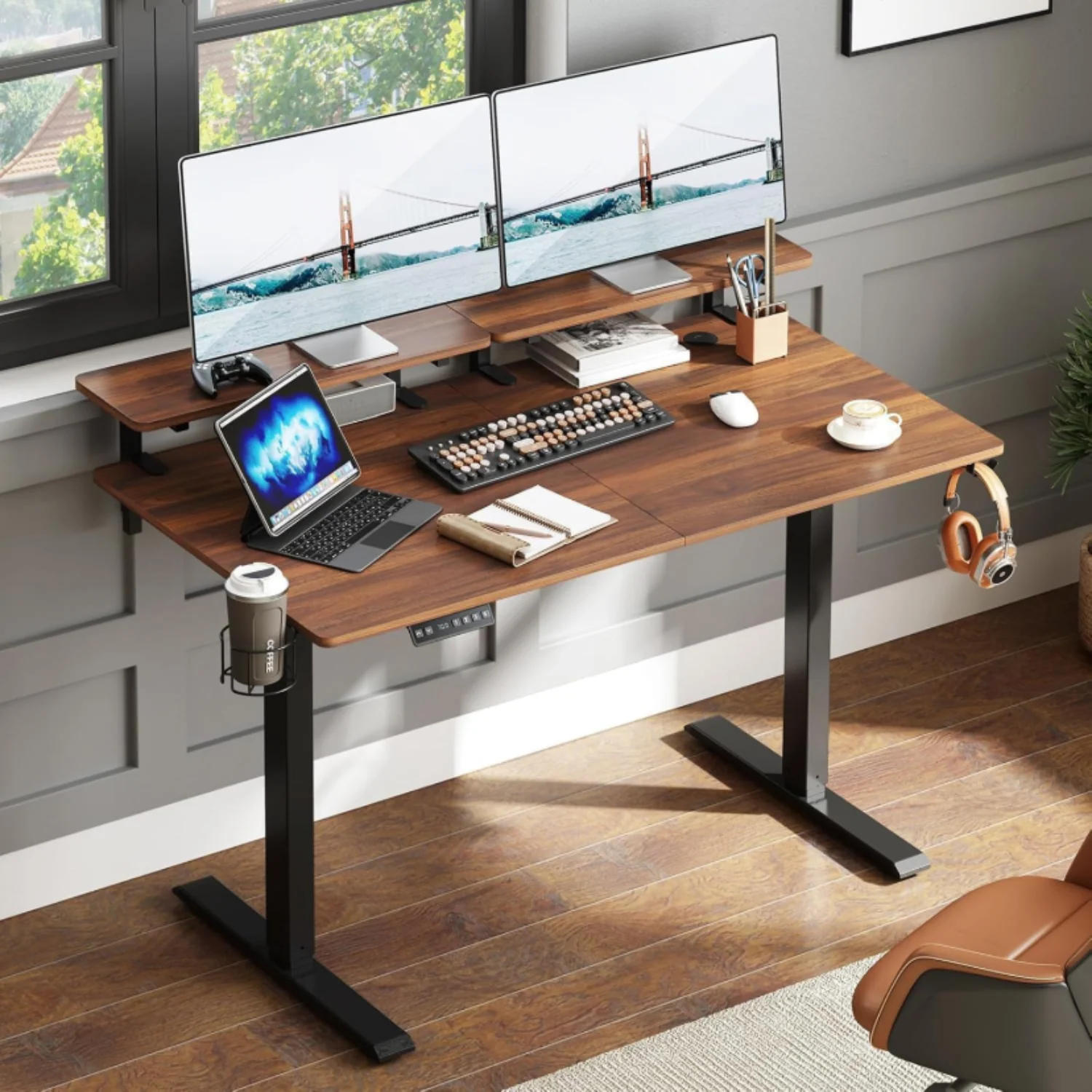 Exclusive Discontinued 63 x 24 Inch Electric Standing Desk Home Office Stand Up Desk with 2 Adjustable Monitor Shelves Adjustable Computer Desk with Cup Holder and Hook Discontinued 63 x 24 Inch Electric Standing Desk Home Office Stand Up Desk with 2 Adjustable Monitor Shelves Adjustable Computer Desk with Cup Holder and Hook Traditional