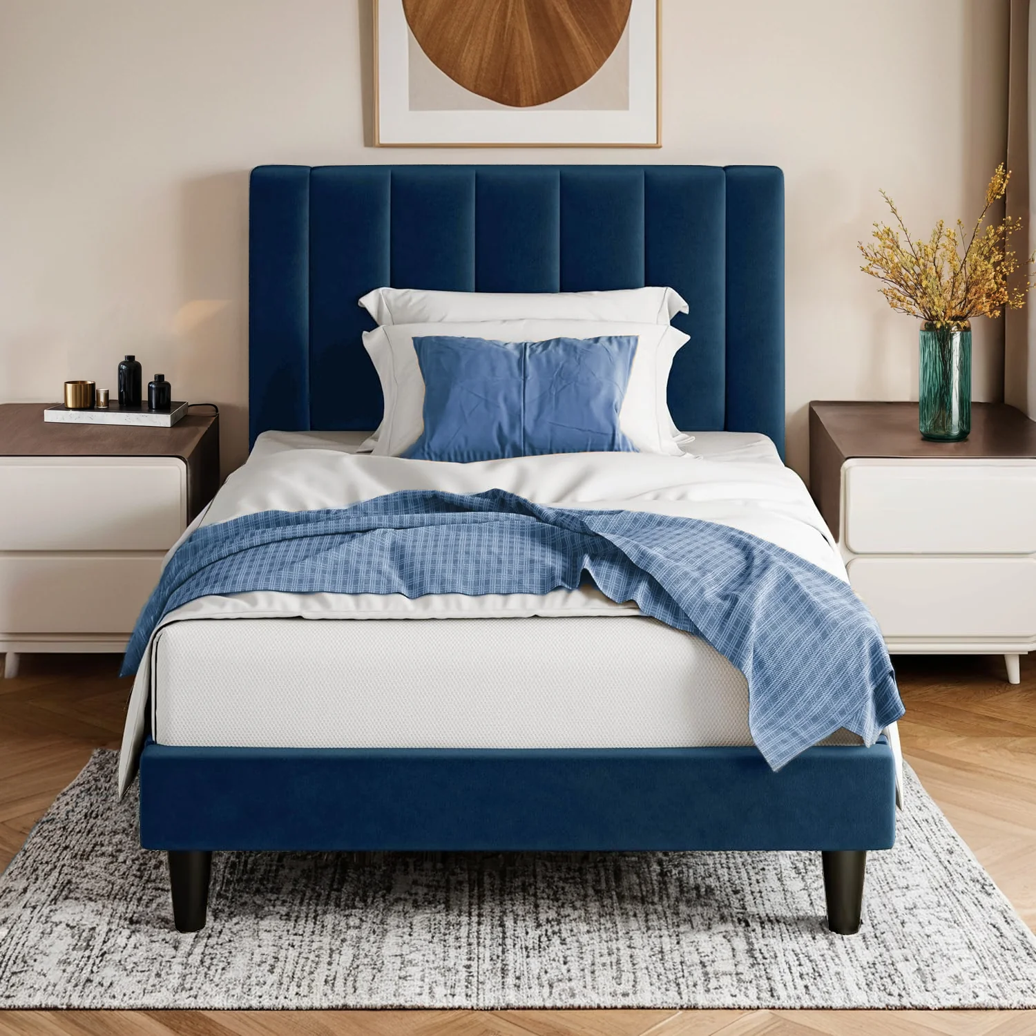 Convenient Twin Velvet Upholstered Platform Bed Frame with Vertical Channel Tufted Headboard Strong Wood Slat Support No Box Spring NeededTwin Velvet Upholstered Platform Bed Frame with Vertical Channel Tufted Headboard Strong Wood Slat Support No Box Spring Needed Luxury