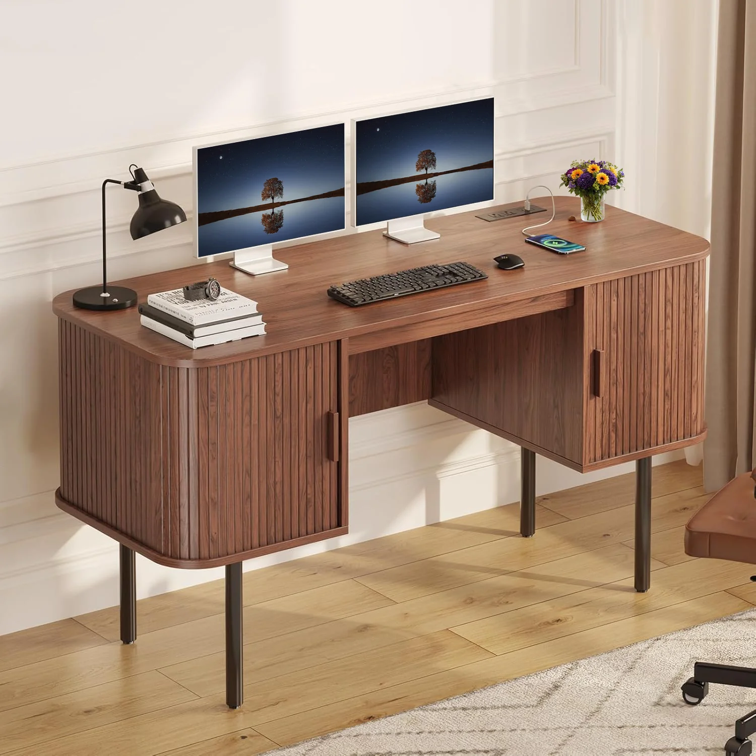 Elegant Computer Desk Study Table 55 Inch Home Office Desk with 2 Storage Cabinets and Power OutletsComputer Desk Study Table 55 Inch Home Office Desk with 2 Storage Cabinets and Power Outlets Innovative