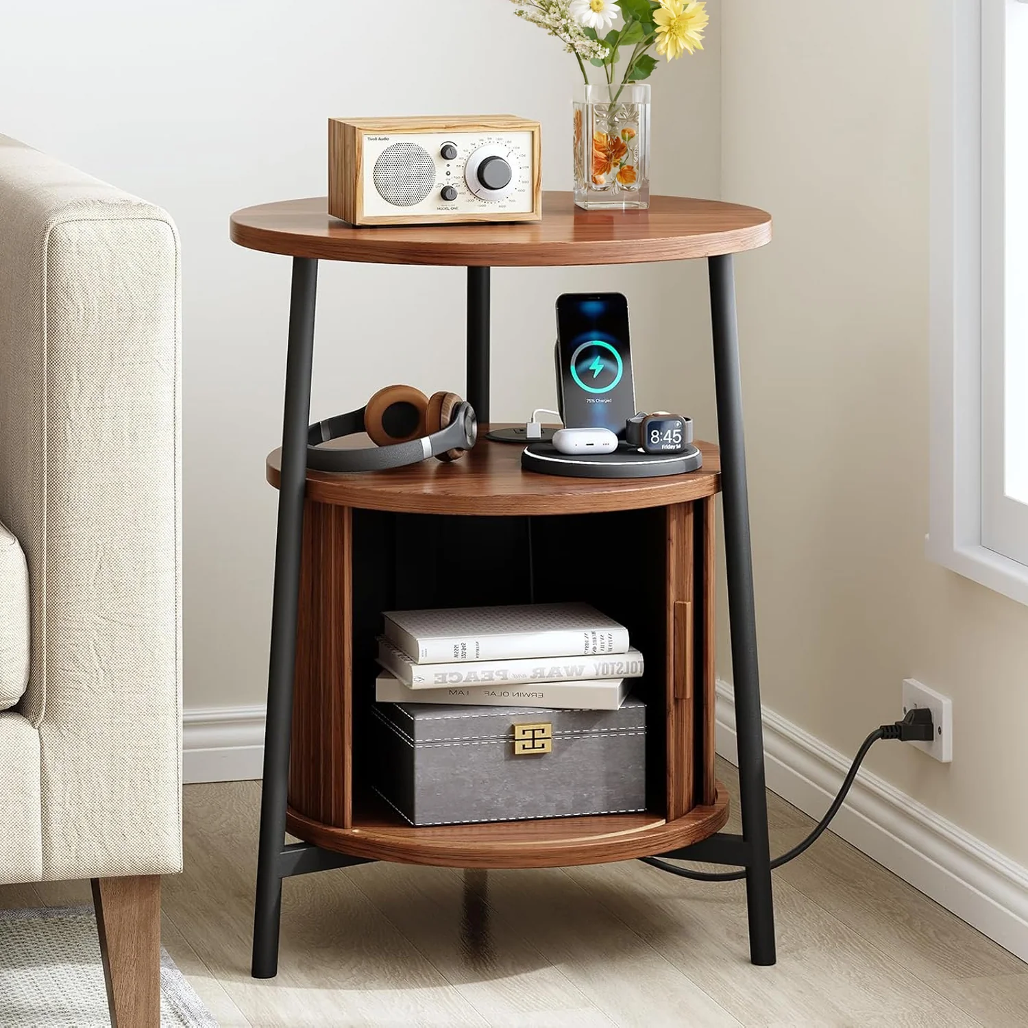 Detailed Side Table Round End Table with Storage 2-Tier Nightstand with Charging Station and Steel FrameSide Table Round End Table with Storage 2-Tier Nightstand with Charging Station and Steel Frame Excellent