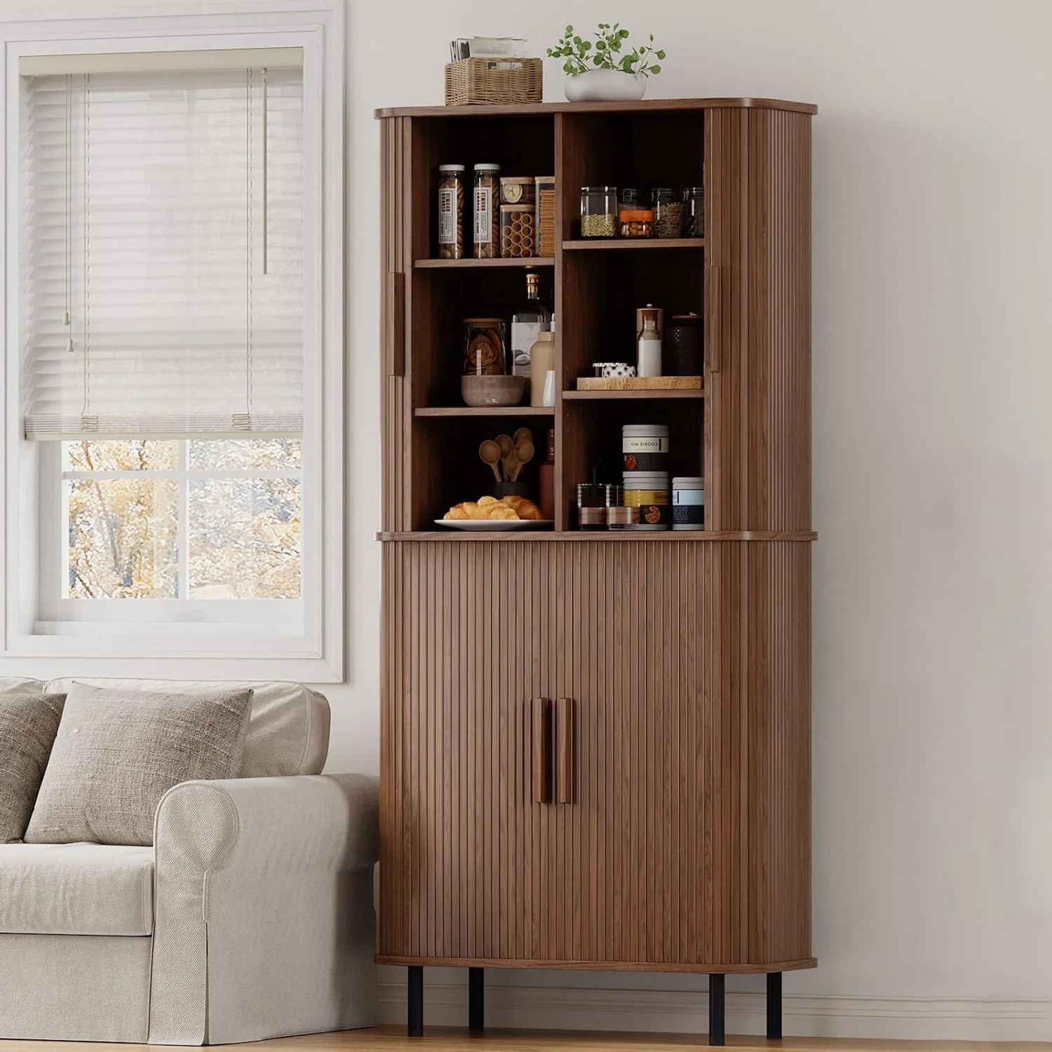 Elite Pantry Cabinet Kitchen Storage Cabinet 71 Inch Tall Cupboard with Sliding Doors and Adjustable ShelvesPantry Cabinet Kitchen Storage Cabinet 71 Inch Tall Cupboard with Sliding Doors and Adjustable Shelves Fine