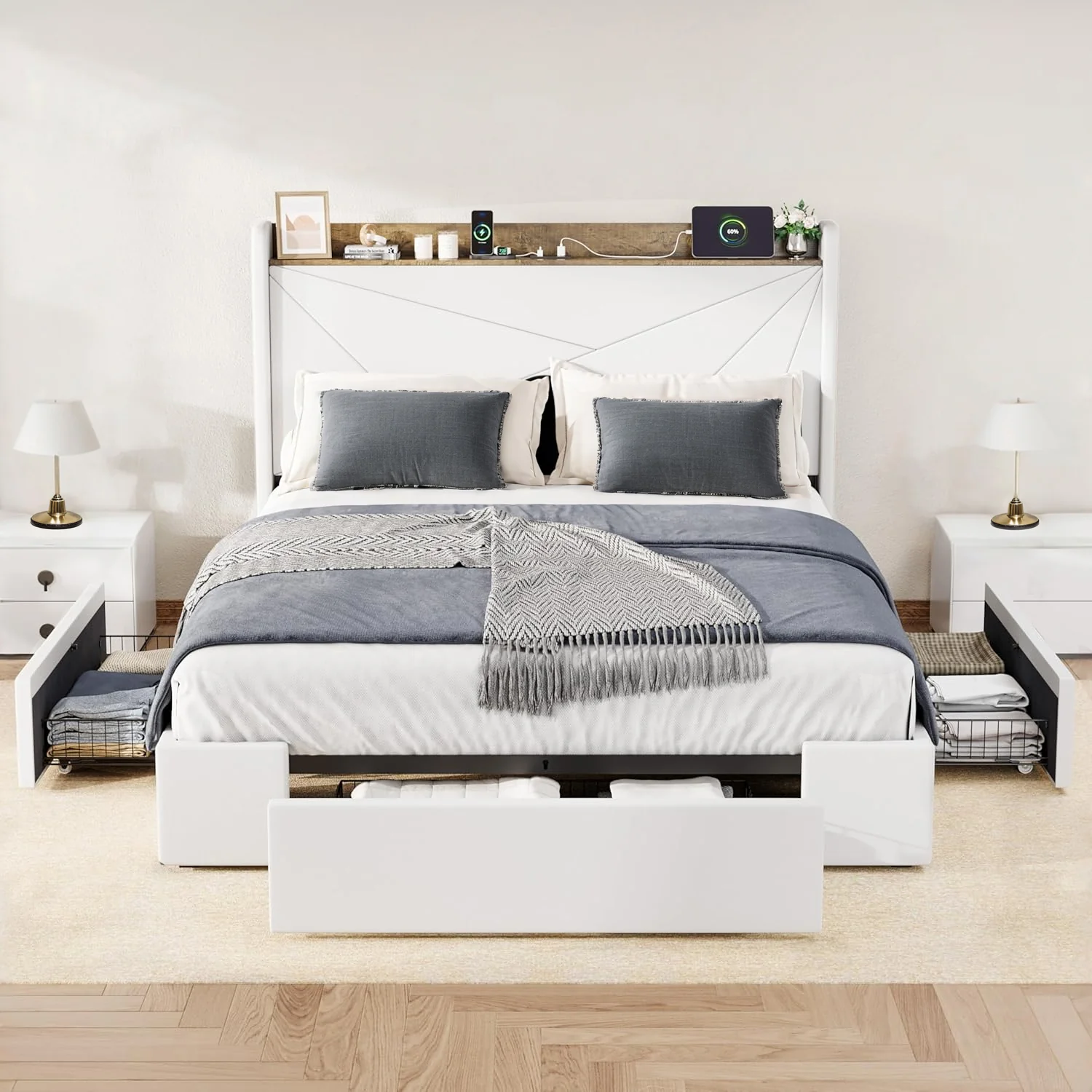 Dependable Upholstered Bed Frame with 3 Drawers Storage and and Headboard with USB Ports No Box Spring NeededUpholstered Bed Frame with 3 Drawers Storage and and Headboard with USB Ports No Box Spring Needed Trendy