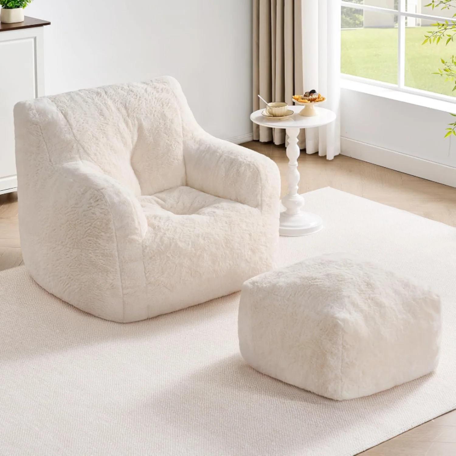 Casual Giant Bean Bag Chair with Ottoman Memory Foam Bean Bag Sofa Faux Fur Floor Chair with Side PocketGiant Bean Bag Chair with Ottoman Memory Foam Bean Bag Sofa Faux Fur Floor Chair with Side Pocket Fine Crafted