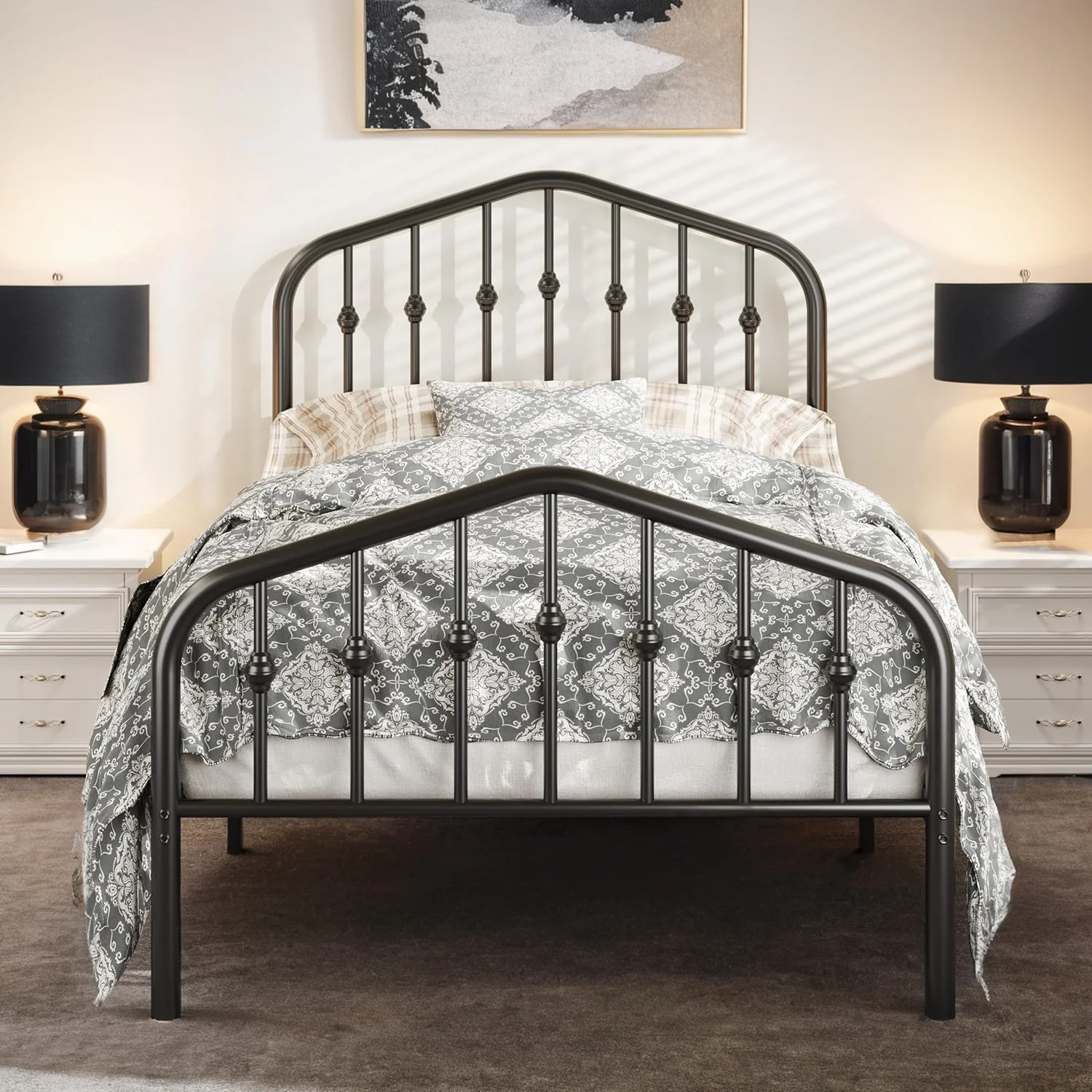 Original Design Twin Size Vintage Metal Platform Bed Frame with Headboard and Footboard No Springs RequiredTwin Size Vintage Metal Platform Bed Frame with Headboard and Footboard No Springs Required Casual